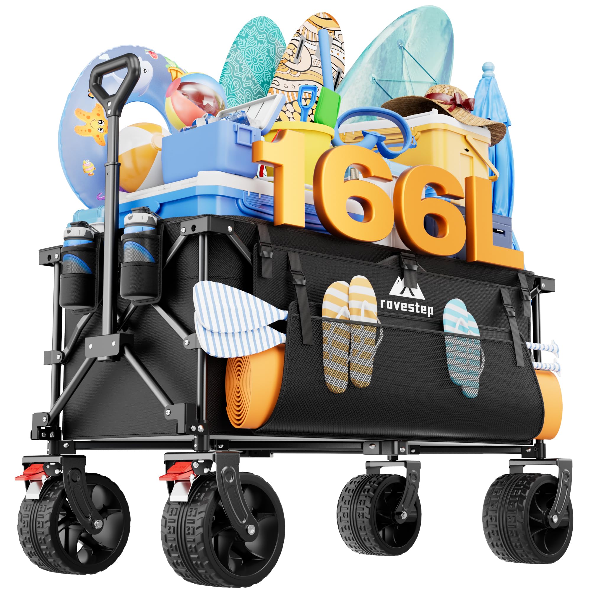 Heavy Duty Collapsible Beach Wagon with Big Wheels – All-Terrain Foldable Utility Cart, 166L Capacity, 450lbs Load Folding Wagon for Sand, for Outdoor, Gardening, Camping, Sports, and Grocery