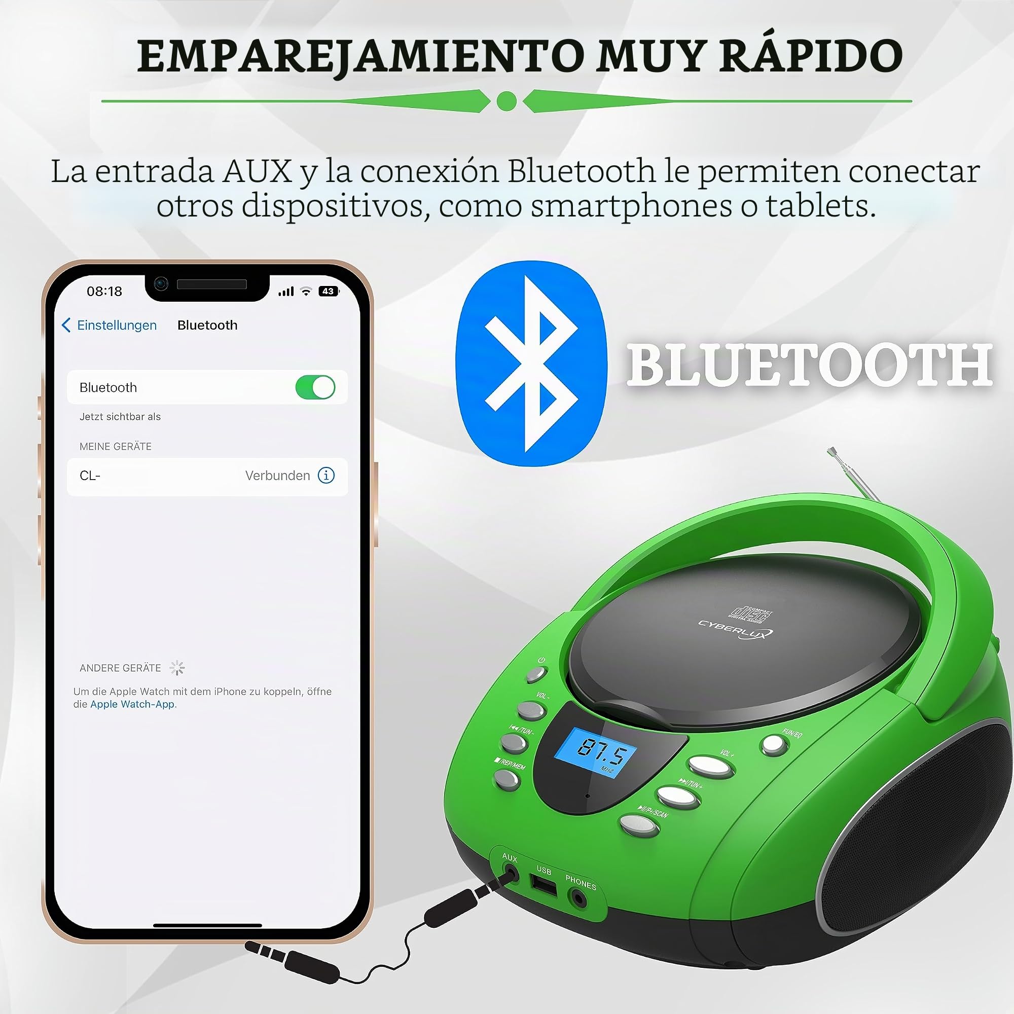 Boombox portátil | CD/CD-R | USB | Reproductor de Radio FM | Entrada AUX | Conector para Auriculares | Radio Infantil | Sistema estéreo | Sistema Compacto (Golo Green)