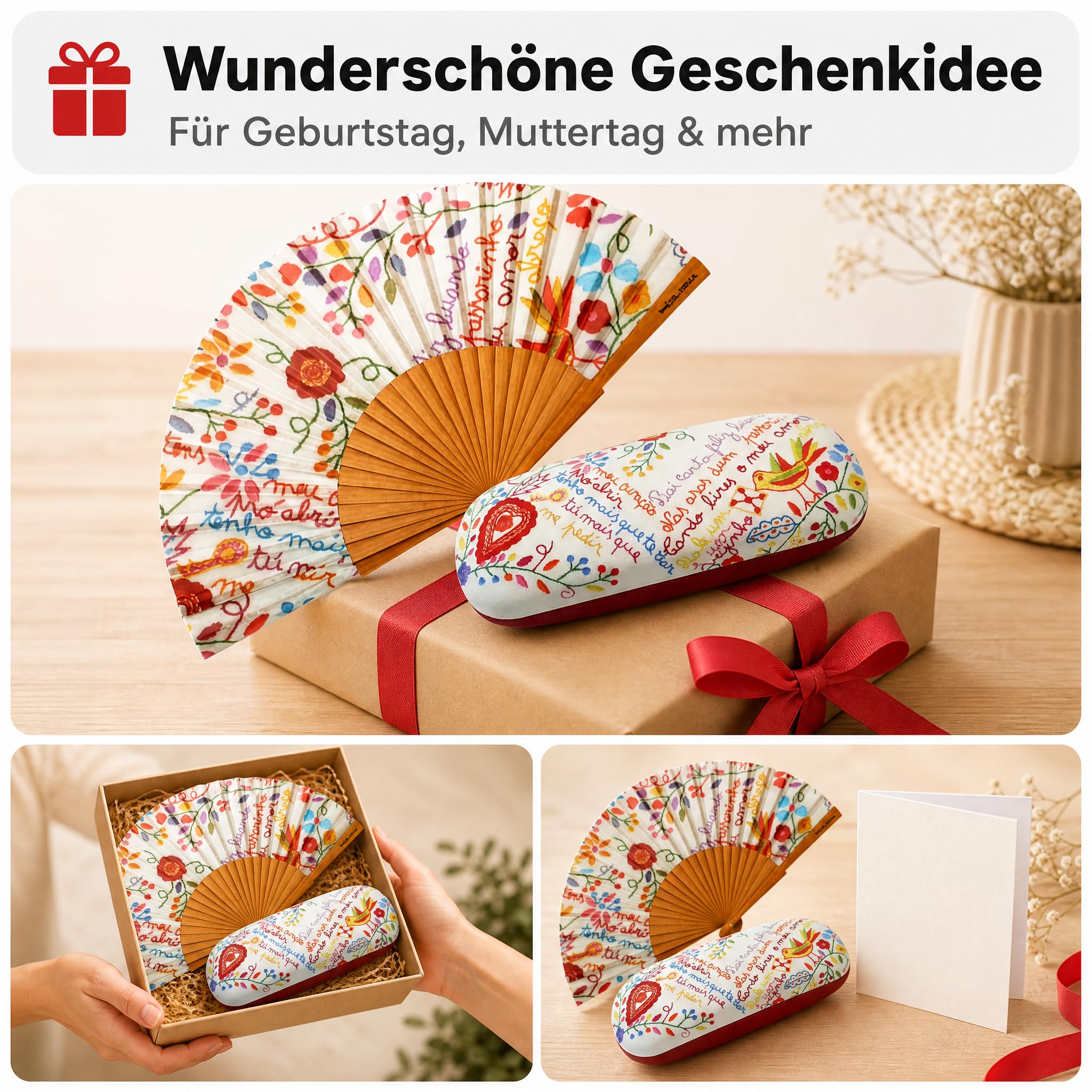 Handfächer & Brillenetui Set, Blumenmuster, Geschenkset Frauen | Faltbarer Handfächer mit Holzgestell und passendes Hartschalen-Brillenetui im Folk-Art-Design – als Muttertagsgeschenk