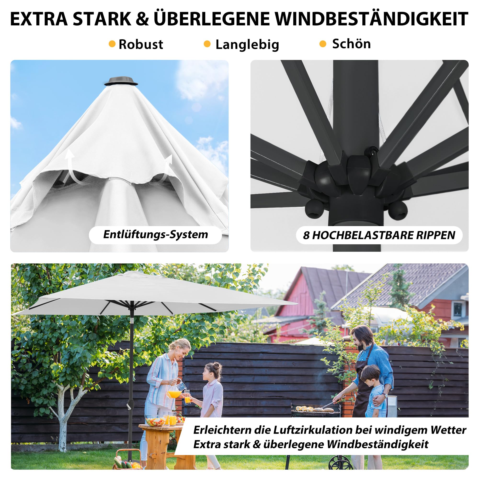 paramondo Interpara Parasol Pour Jardin Balcon Et Terrasse, Pliable, Avec Manivelle, Carré 3 x 3m / Blanc/Armature (Anthracite)