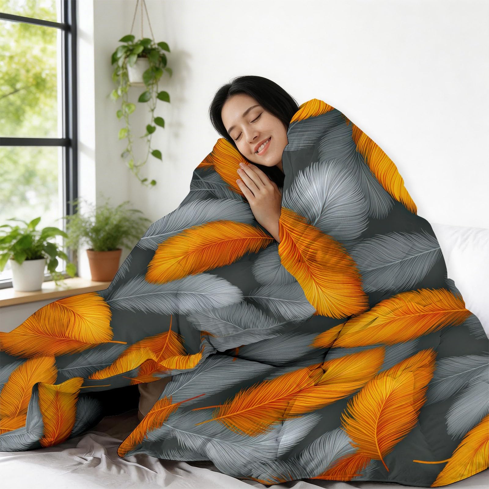 Trapunta Matrimoniale o Singola Stampa 3D 150x200 cm piume grigio-arancio Trapunta Set 3 Pezzi con 2 Federe, Piumone Letto 4 Stagioni Trapuntino Traspirante Morbida