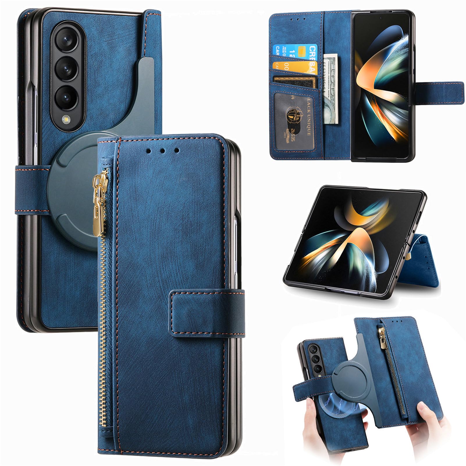 Asuwish Compatible with Samsung Galaxy Z Fold 4 5G 2022 Zipper Wallet Case RFID Blocking Magnetic Detachable Flip Credit Card Holder Cell Accessories Phone Cover for ZFold4 Z4 Fold4 4Z ZFold45G Black