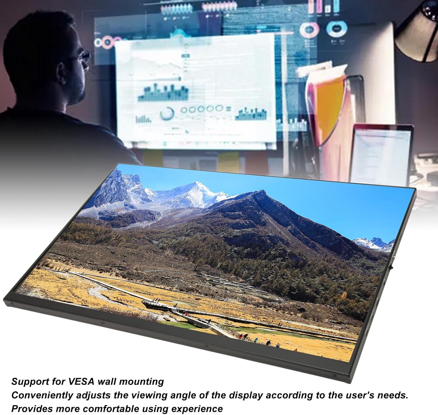 Yunseity Portable Monitor 18 Inch, 2560 * 1600 FHD 144Hz Laptop Monitor Dual Type C 3.5mm Dual Speakers, USB Gaming Cable Plug and Play for Phones Game Consoles PCs