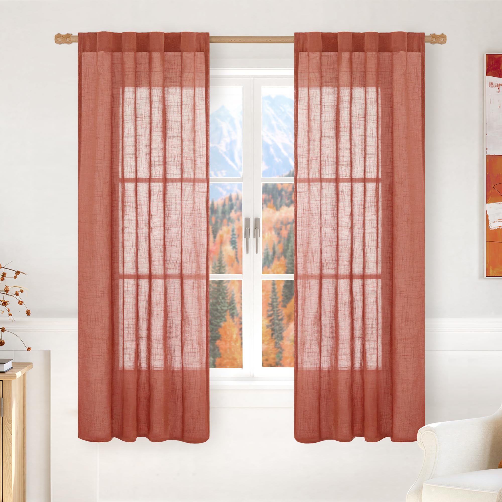 LAMIT Natural Linen Semi Sheer Curtains 84 Inches Long 2 Panels, Living Room Linen Textured Light Filtering Drapes Back Tab and Rod Pocket Neutral Window Panels for Bedroom/Sliding Door, 52 x 84 Inch — view 44