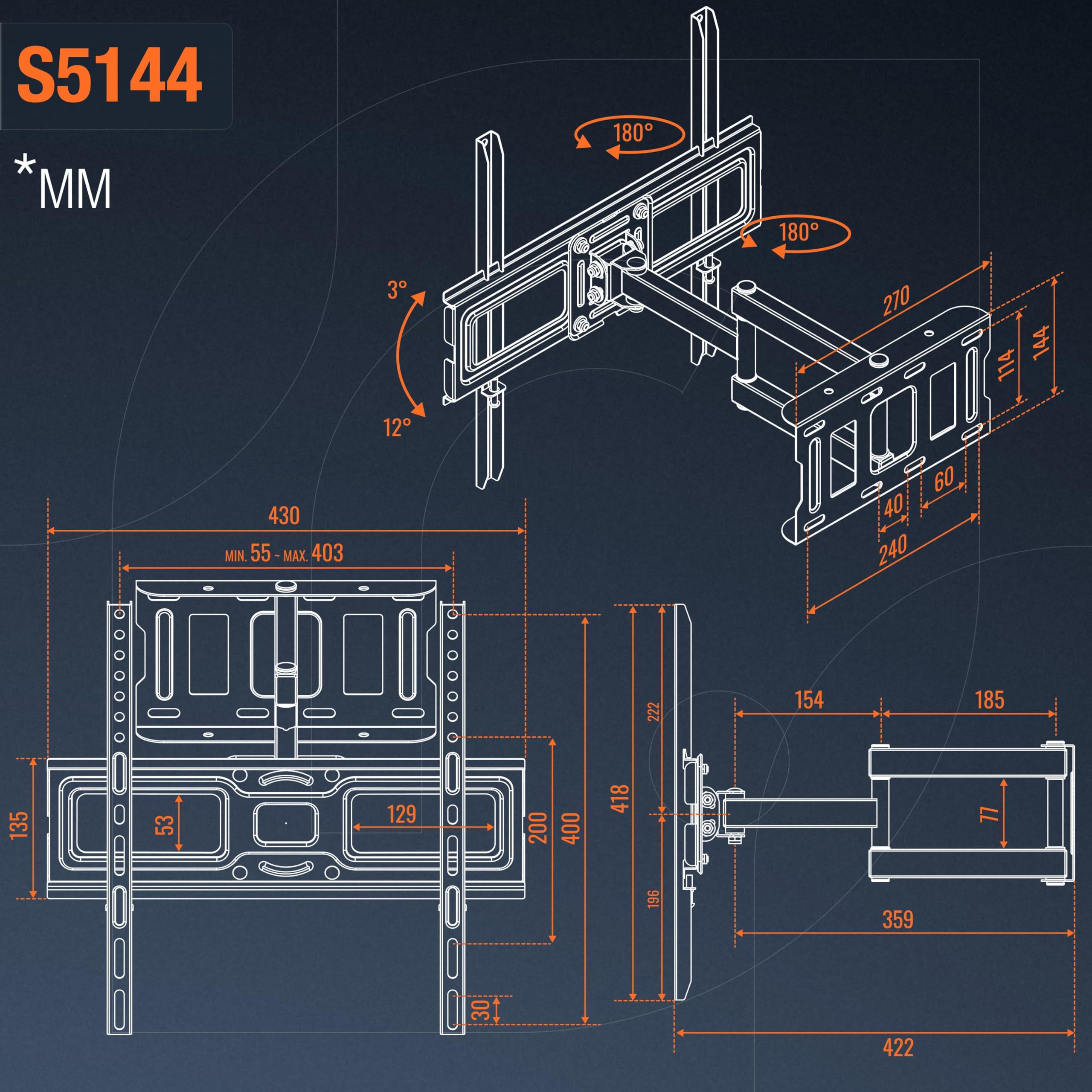 RICOO S5144 Supporto TV da parete Staffa TV 40-65 pollici per 40 42 43 55 60 65 pollici girevole inclinabile fino a 50 kg max VESA 400x400
