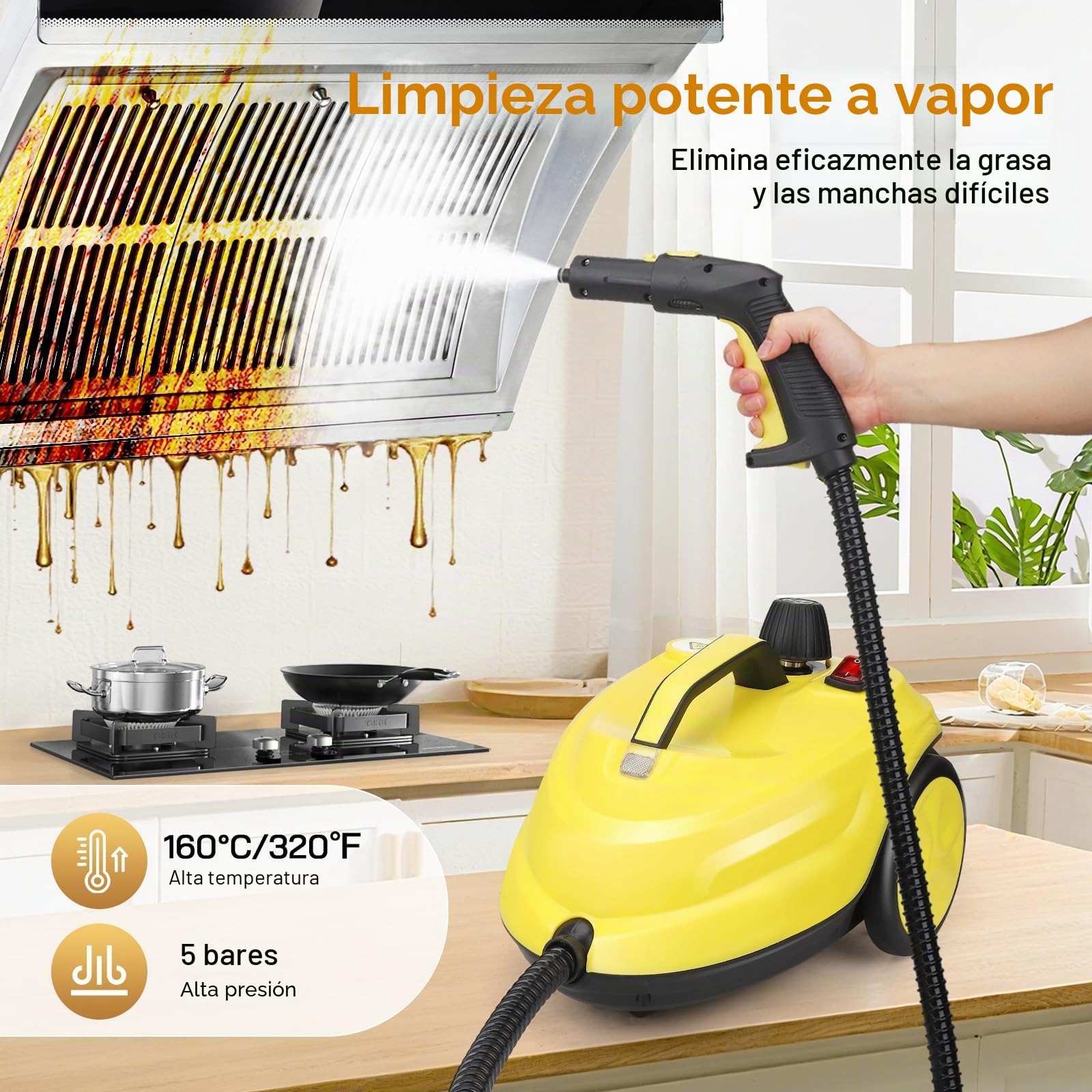 Limpiador a Vapor, 2100W Vaporeta Limpieza Hogar, Rápido a 320 °F, Depósito 2L, Presión 5 bar,Vaporeta Limpieza Hogar Potente para Muebles de Cocina, baño, Automóvil, Piso y Sofá