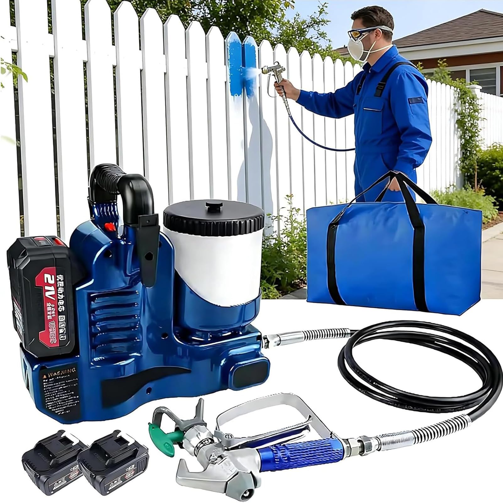JIANGYUXINLI Cordless Paint Sprayer for Interior and Exterior Wall, Ceiling Paints, 650W Electric Airless Paint Machine, 21V Lithium Battery/6-Speed Adjustable/514 Nozzle/1.2L Hopper/15MPa/1.1L/Min