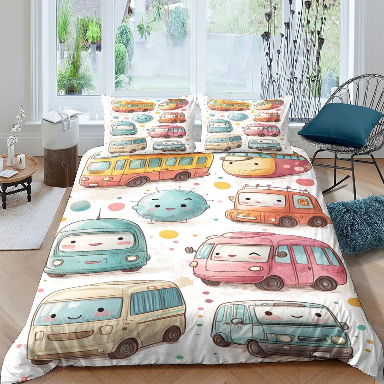 Ctjqhvkz Style-4 3D Printed Cartoon Bus Fitted Sheet Microfiber Soft Breathable Car Pattern Mattress Cover Bedroom Dorm Decorative Single（135X200cm）