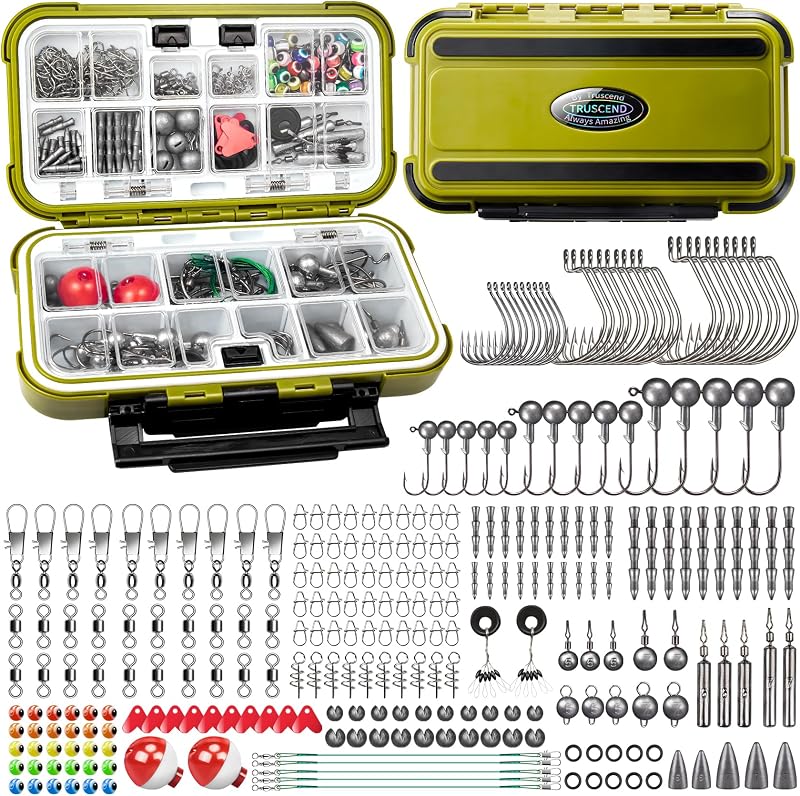 TRUSCEND Accesorios de pesca completos - Caja de aparejos con aparejos incluidos, anzuelos de pesca, cabezales de anzuelo, plomos, pesas, giratorios, broches, bobbers, líderes - Juego de equipo de pesca para lubina, trucha, panfish, walleye