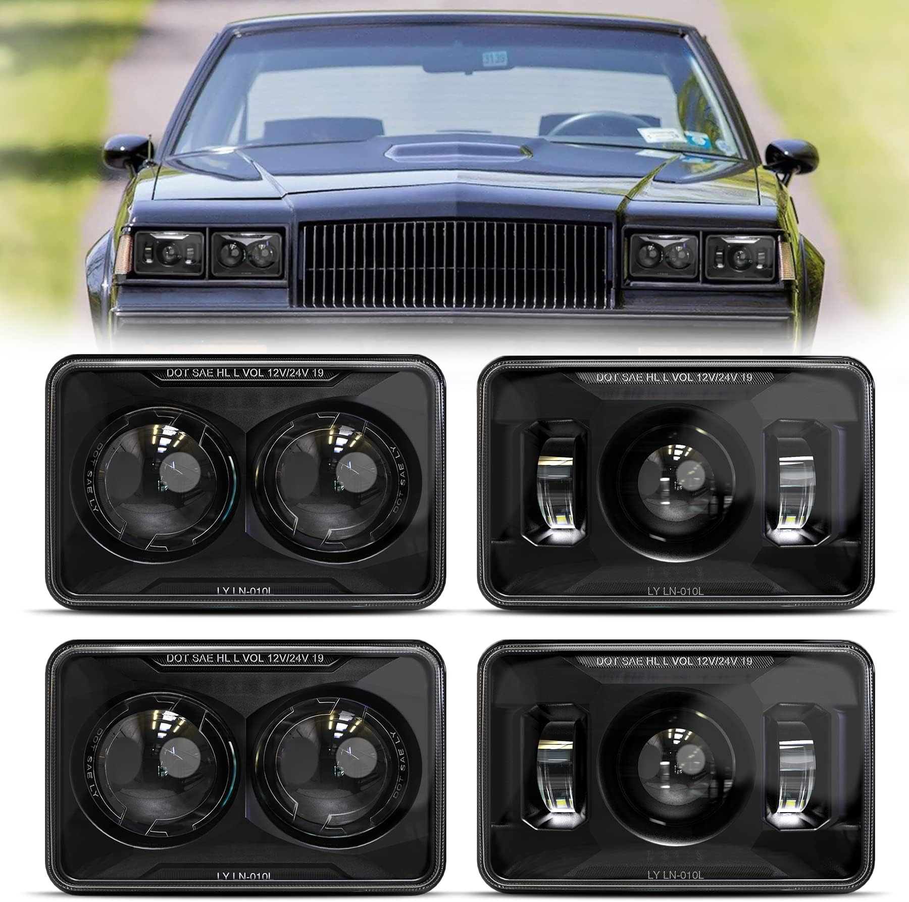4X6 LED Headlights Hi/Lo Beam H4656 H4651 H4652 H4666 H6545 Rectangular Headlight Compatible with Peterbilt 379 Kenworth T800 T600 Freightinger Ford Probe Ol-dsmobile Cutlass - Black