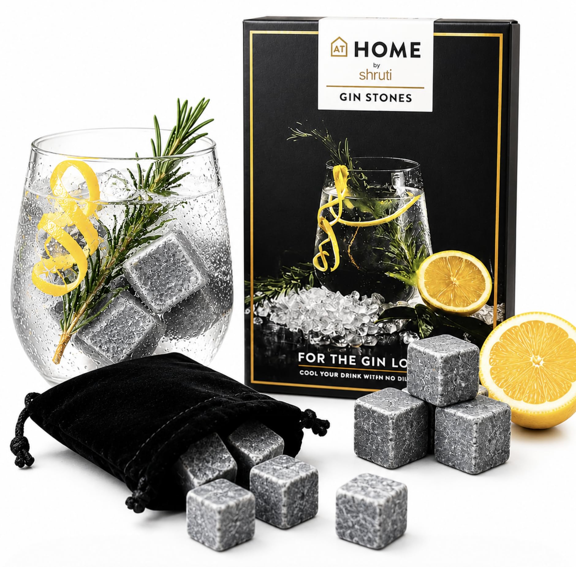 Grey Sbuk Gin Stones Chilling Cubes Set – Reusable Drink Cooling Stones With Velvet Storage Pouch – No Dilution Ice Cubes For Gin, Whisky, Vodka & Cocktails – Gift For Gin Lovers