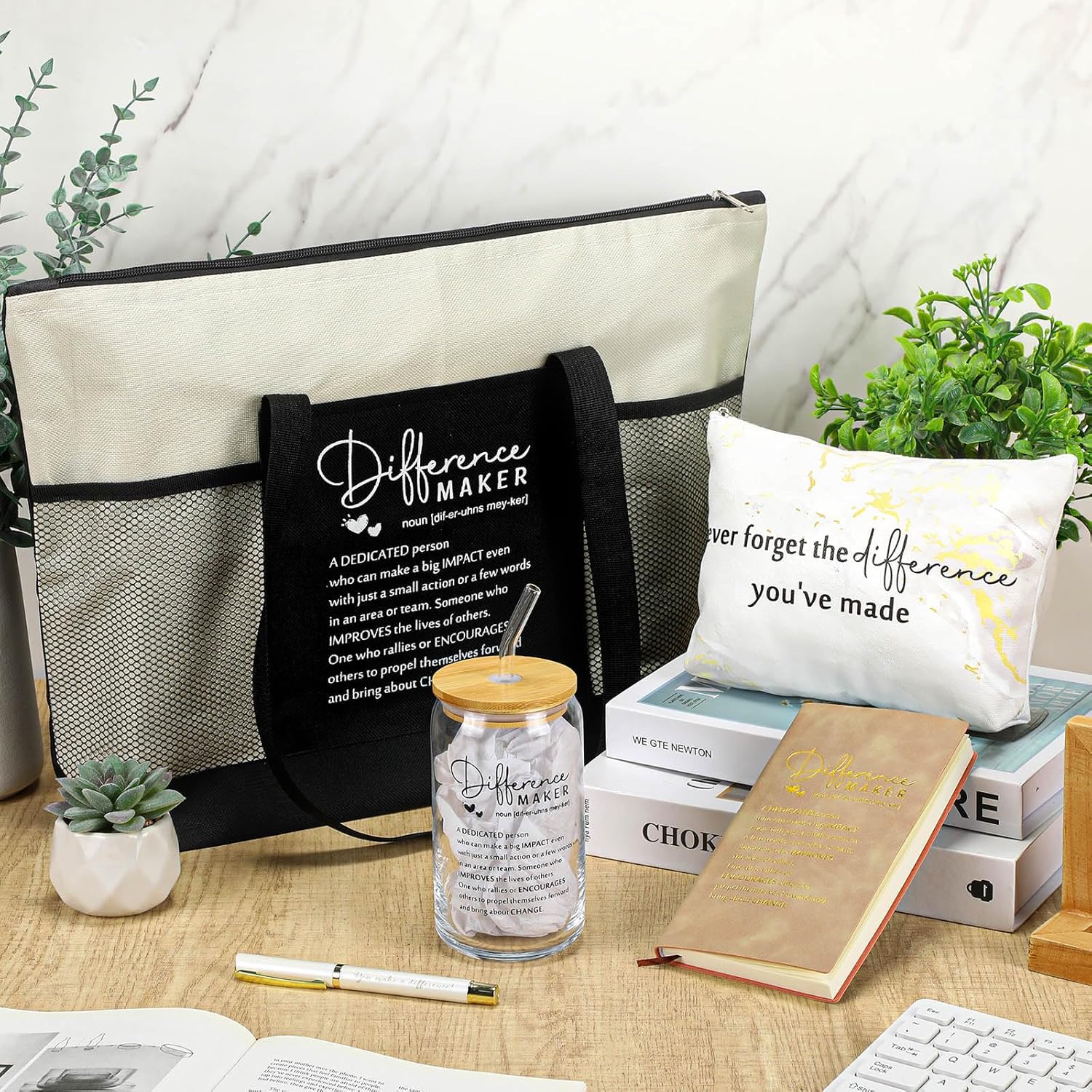 Meanplan 5 Pcs Difference Maker Gifts for Women Employee Appreciation Journal Tumbler Tote Bag Makeup Bag You Make a Difference Pen for Nurse Female Coworker Business(Khaki,Marble) - Image 5