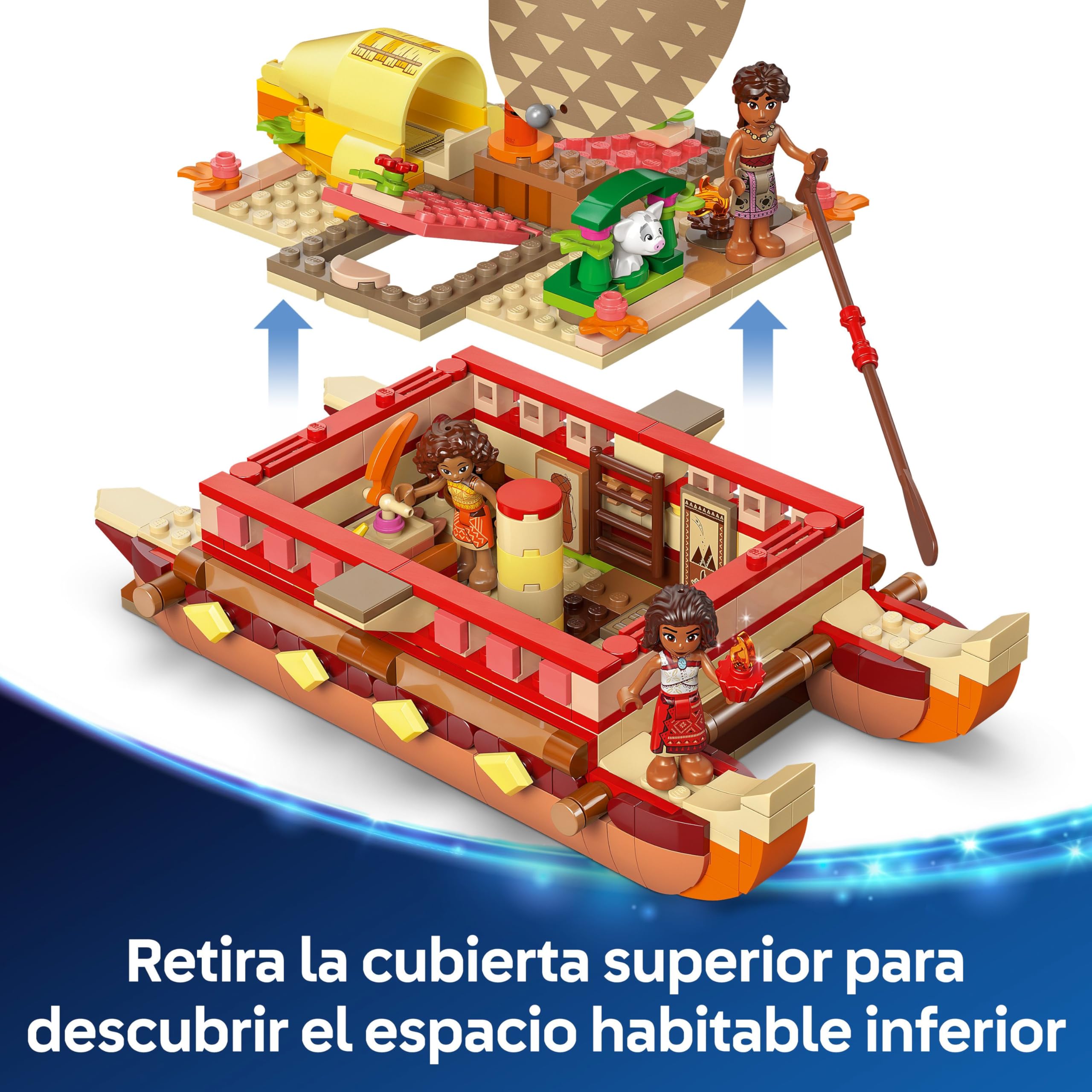 LEGO | Disney Vaiana 2 Canoa de Aventuras de Vaiana - Barco de Juguete con Vela Textil, Hoguera, 3 Mini Muñecos Inc. Loto y Moni y Cerdito Púa - Regalo Creativo para Niñas de 6+ Años y Fans 43270