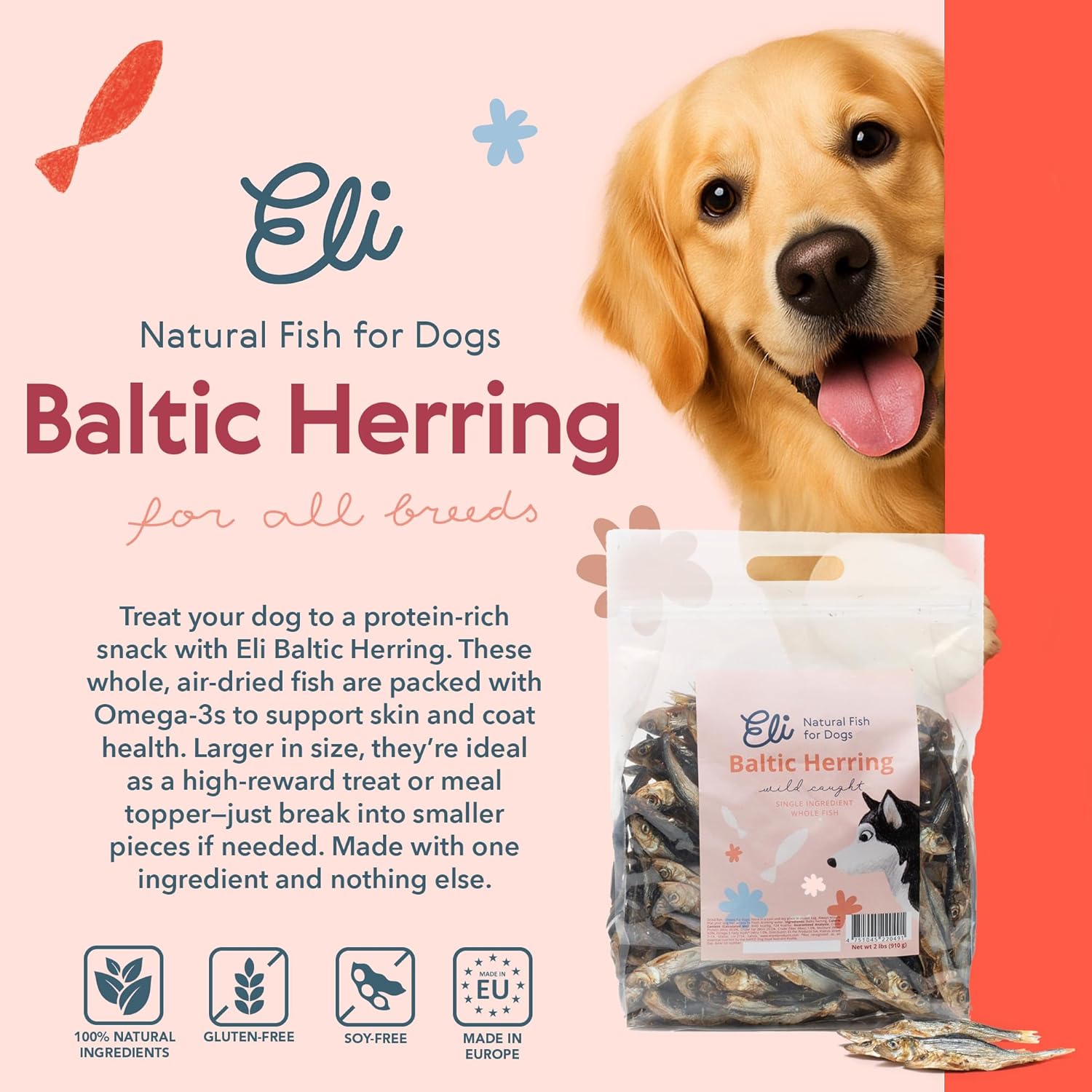 Eli Baltic Herring – A Natural, Protein-Packed Dog Treat Made from Whole Small Fish, Rich in Omega-3, Ideal as a Flavorful Snack or Meal Topper, Single Ingredient, Grain Free, Air Dried – 2 Lbs
