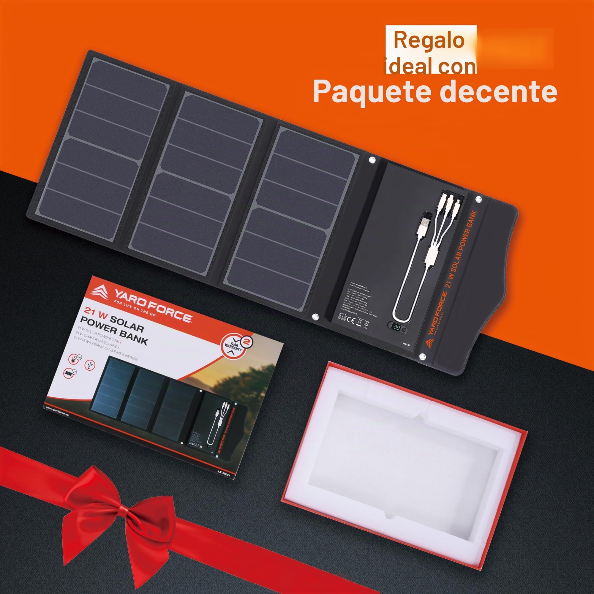 Yard Force Cargador Solar portátil de 21 W con 2 Puertos USB, batería incorporada de 13000 mAh, para Cargar Dispositivos USBiPhone, Android, MacBook, LX PB21, Negro