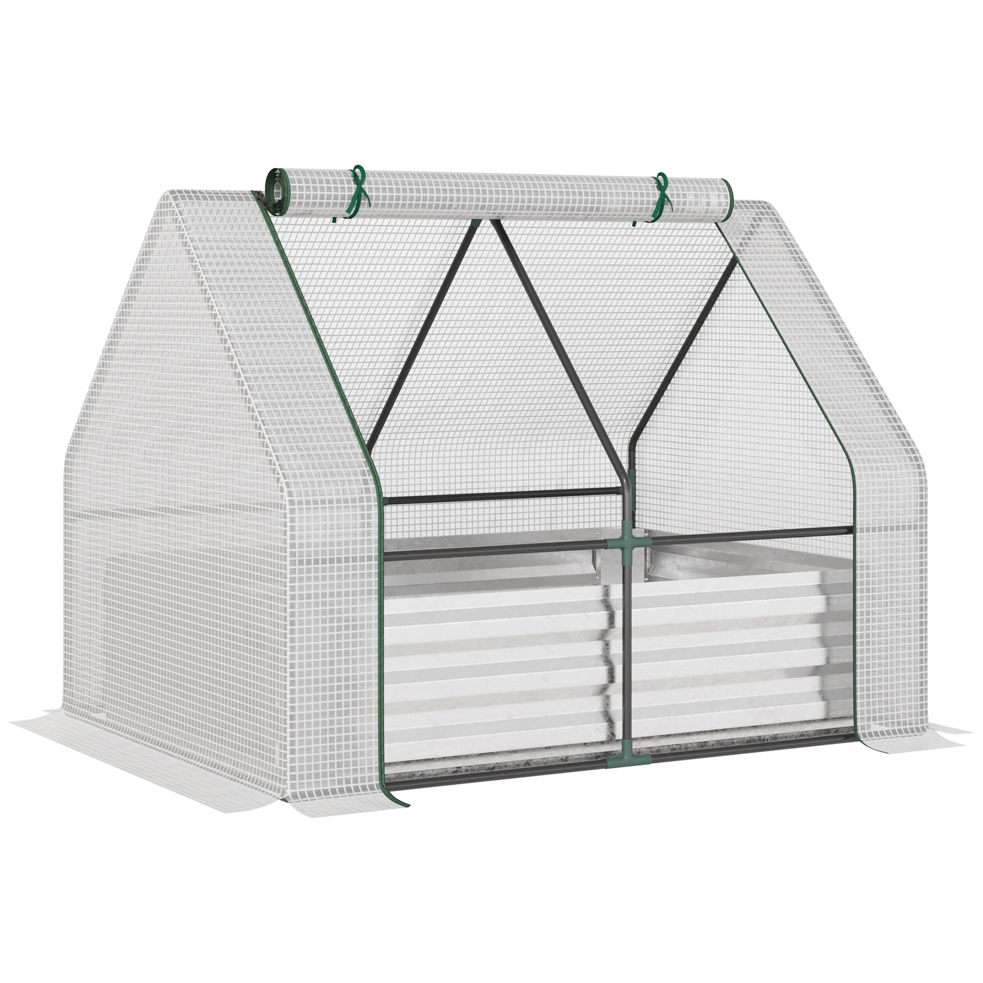 Outsunny Huerto Urbano con Invernadero Invernadero de Exterior 127x95x92 cm Tipo Caseta con Arriate de Acero Interior Ventana Enrollable y Cubierta de PE 140 g/m² para Cultivos Plantas Flores Blanco