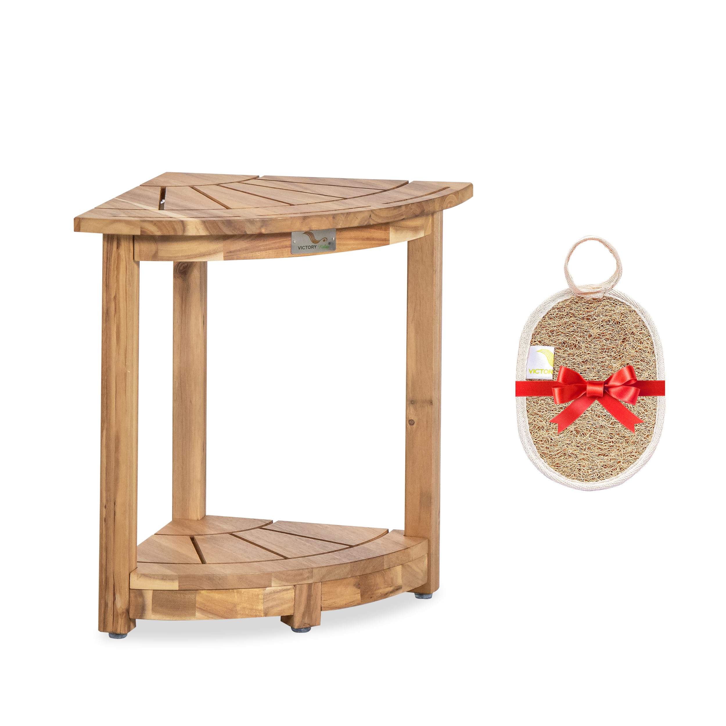 VICTORY RELAX Acacia Corner Shower Stool, Waterproof Spa Foot Rest & Bath Bench with Storage Shelf & Soap Dish, Ideal for Bathroom, Shaving Legs, or as Small Corner Table/Step Stool (Light Natural)