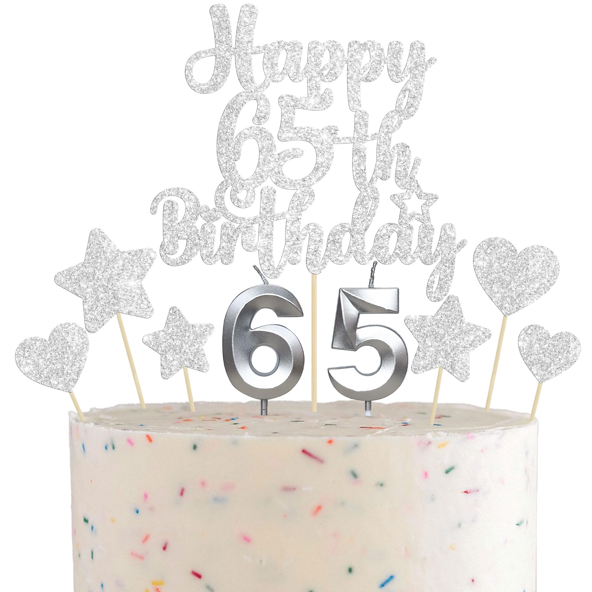 Gyufise 15Pcs Happy 65th Birthday Cake Topper Set with Heart Star Glitter Cheers to 65 Years Cake Picks Number 65 Candles Cake Decorations for Happy 65th Birthday Anniversary Party Supplies Silver — image 1