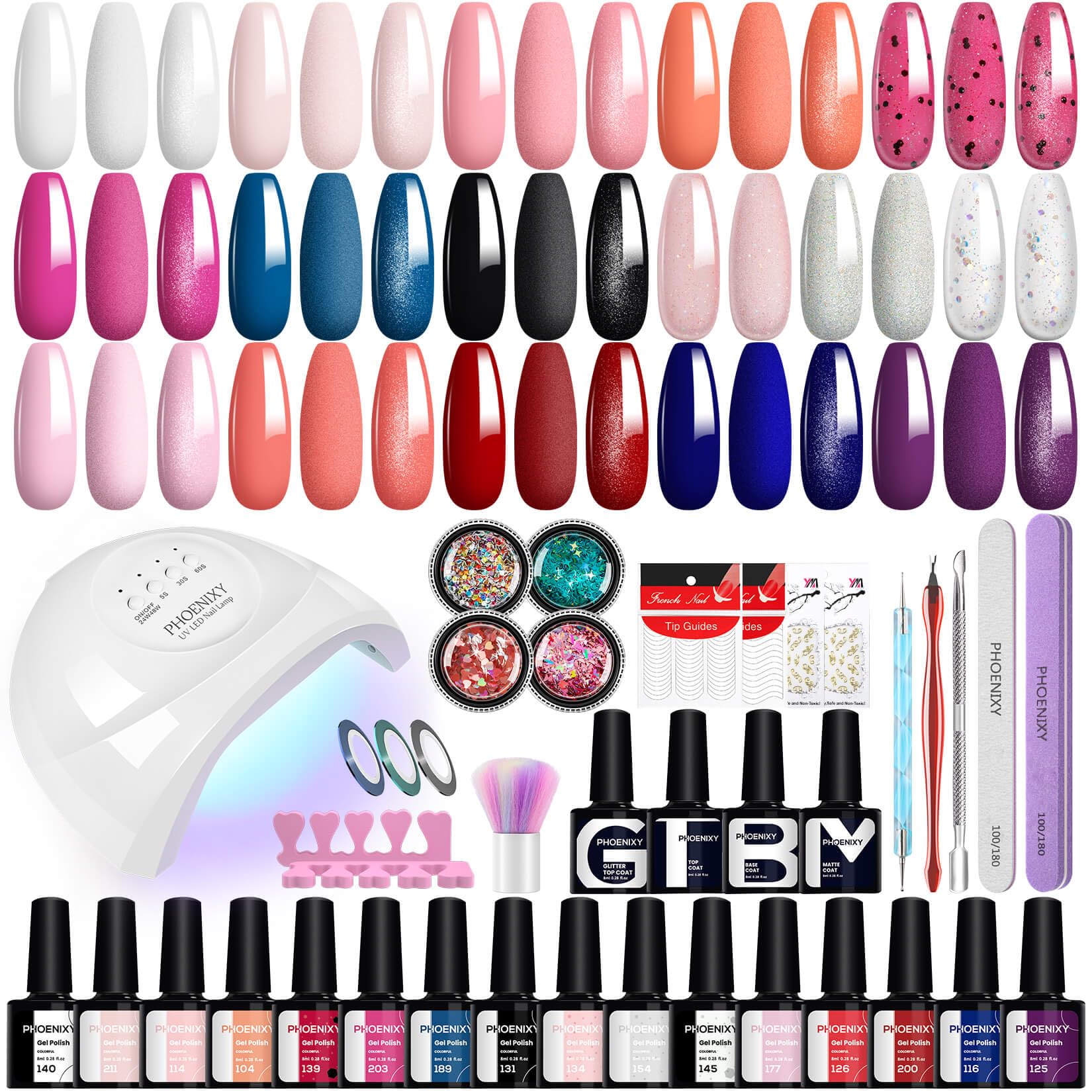 Phoenixy Uñas Semipermanentes Kit Completo con 48W Lámpara U V/LED 16 Colores Kit Uñas Semipermanentes con Base y Top Coat Brillante Mate y Glitter Kit Manicura Semipermanente