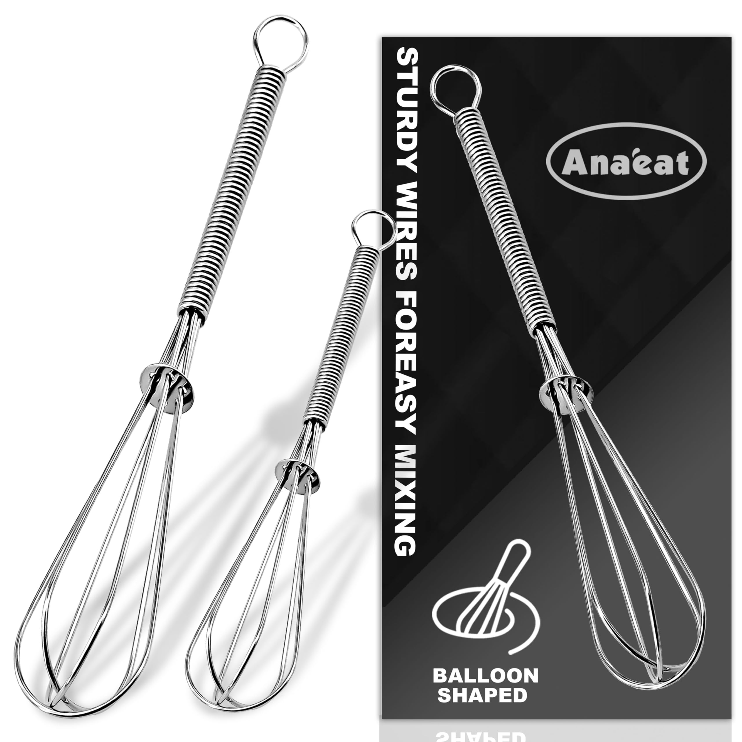 Anaeat Small Wire Whisk Set of 2, Portable Stainless Steel Kitchen Tiny Whisk & Egg Beater with Thick Wire - Sturdy Mini Mixing Balloon for Cooking, Blending, Whiping, Beating and Stirring (6