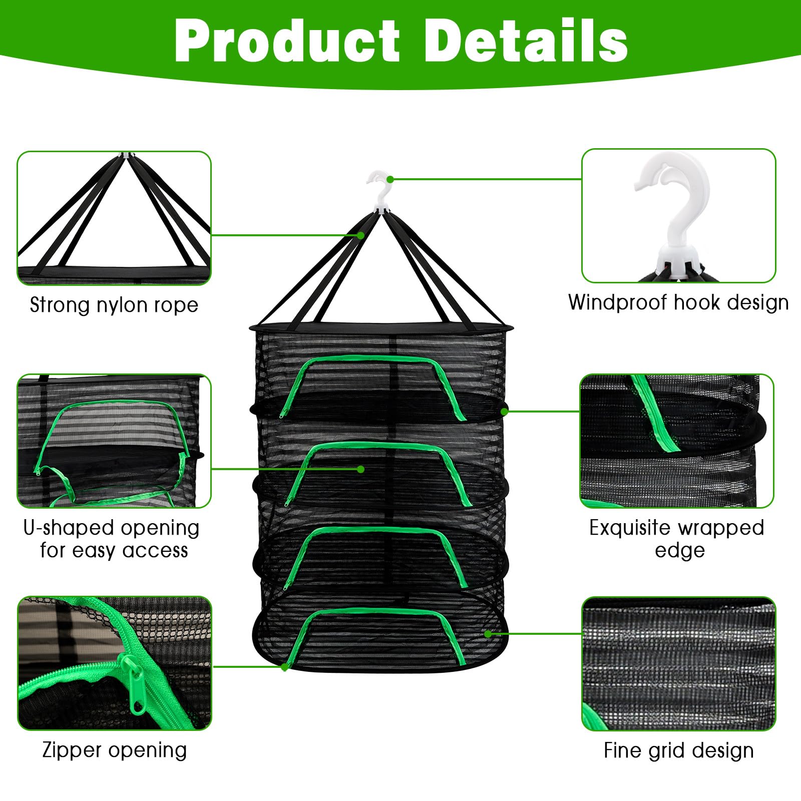 Filet De Séchage Herbes 4 Couches 40x60cm - Séchoir Suspendu Pliable Avec Fermetures Éclair