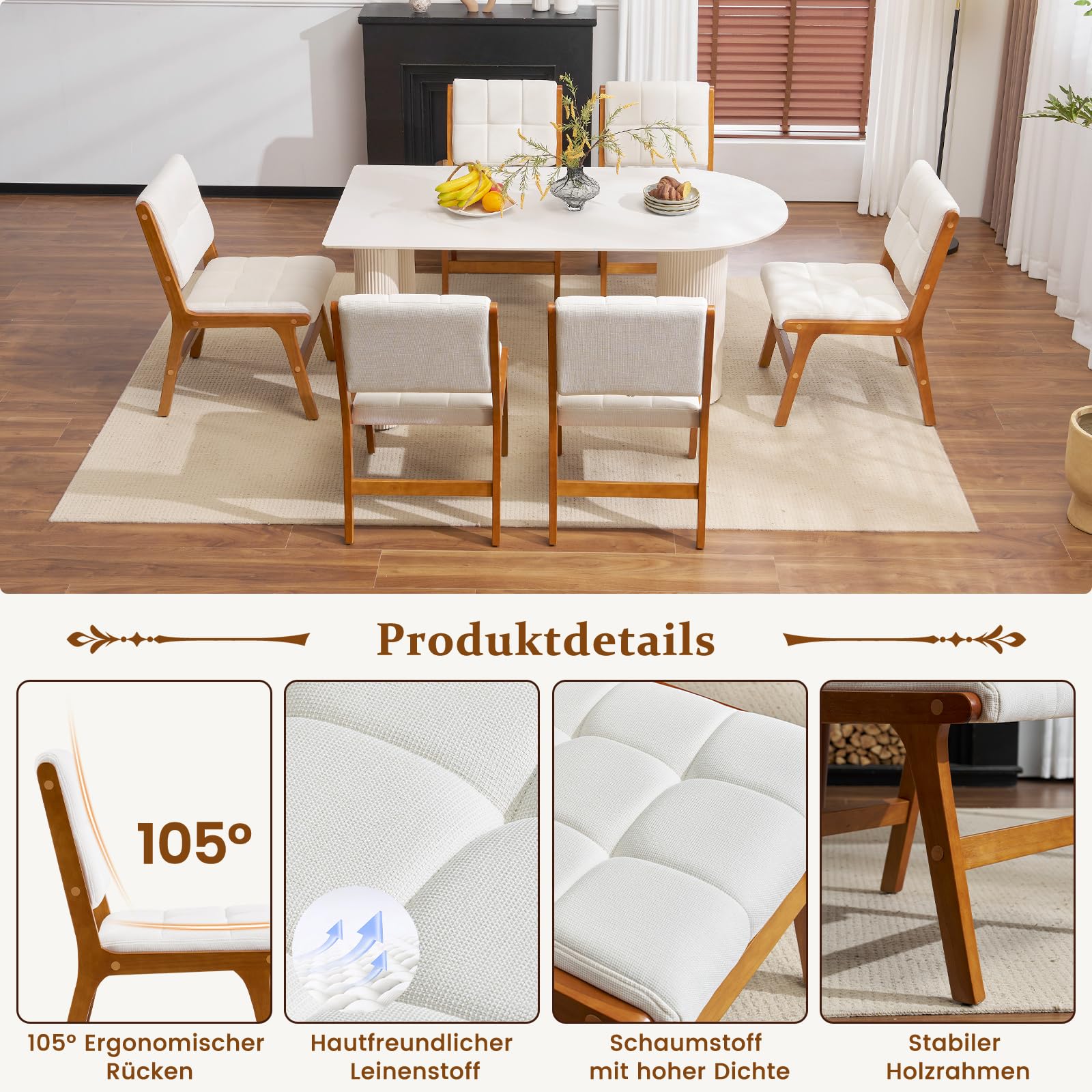 Esszimmerstühle 2er Set, Küchenstühle aus Holz, Stuhl Esszimmer Wohnzimmer Polsterstuhl Armlehnstuhl mit Rückenlehne für Esszimmer Küche Wohnzimmer, Beige, Leinen