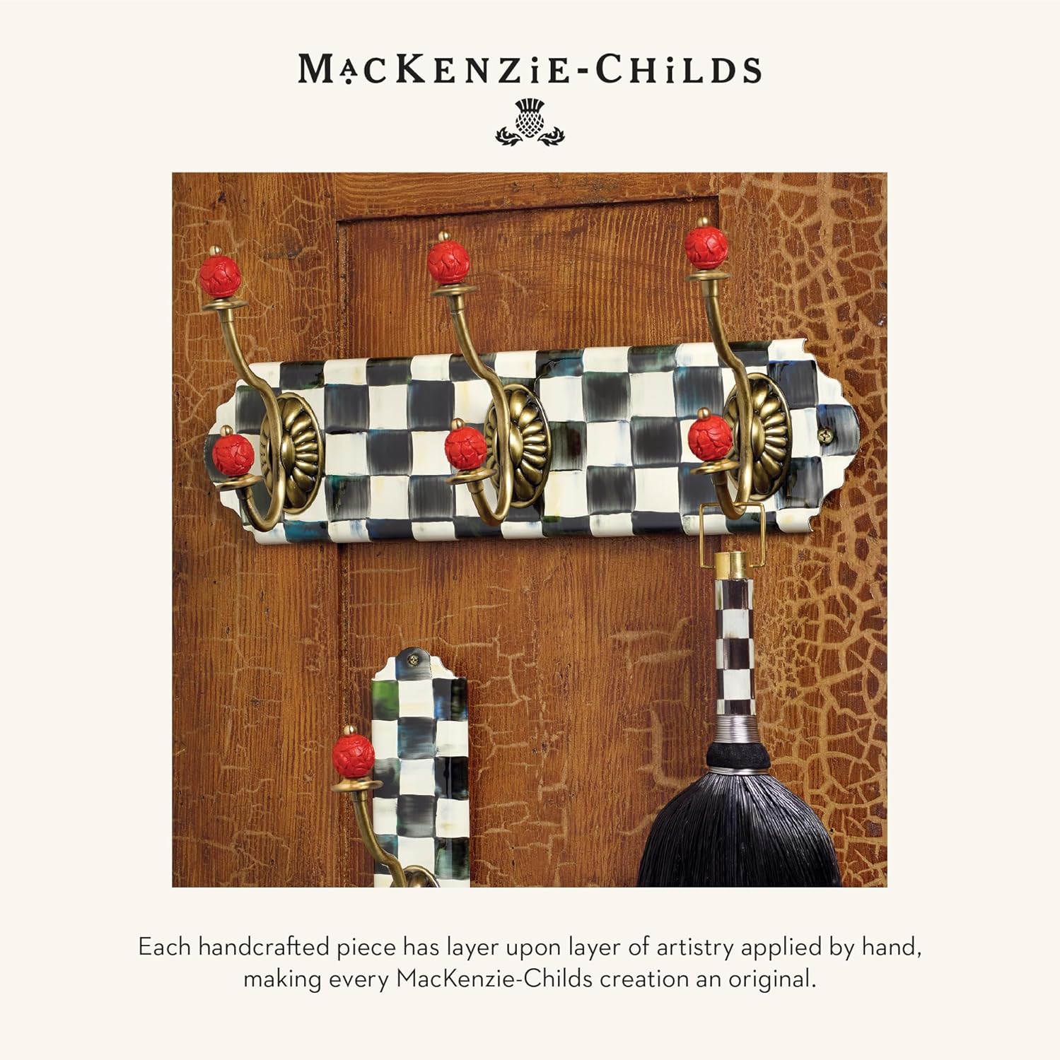MACKENZIE-CHILDS Courtly Check Enamel Triple Wall Hook, Black-and-White Hanging Wall Rack