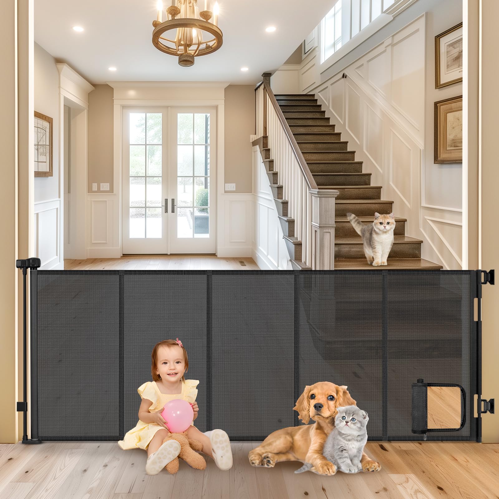 Reinforced 90” Extra Wide Retractable Pet Gate with Cat Door 33 Inch Tall Mesh Baby Gate Retractable Dog Gates for Doorways Extra Wide Baby Gates for