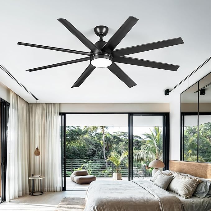 DWVO 65 Inch Ceiling Fan with Light and Remote, 8 Blade Large Black Ceiling Fan, 6-Speed Quiet DC Motor, LED Tri-Color Temperature, Memory Function for Bedroom, Living Room