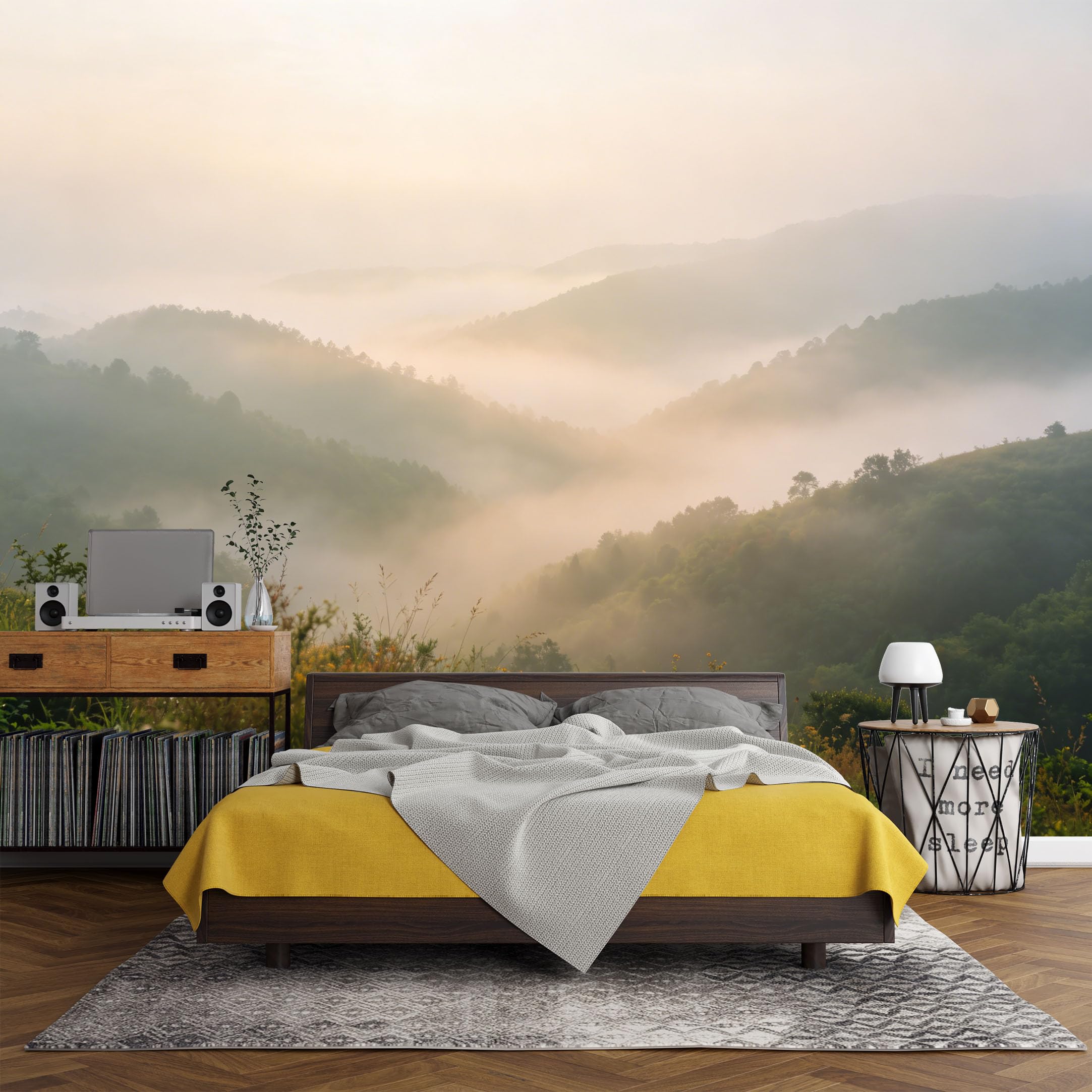 Custom Size Wall Mural， Mountain Lake Misty Landscape Sunrise Valley Nature Scenery，SelfAdhesive Art Prints wall Fabric (No PVC) Removable Wallpaper Living Room Decor
