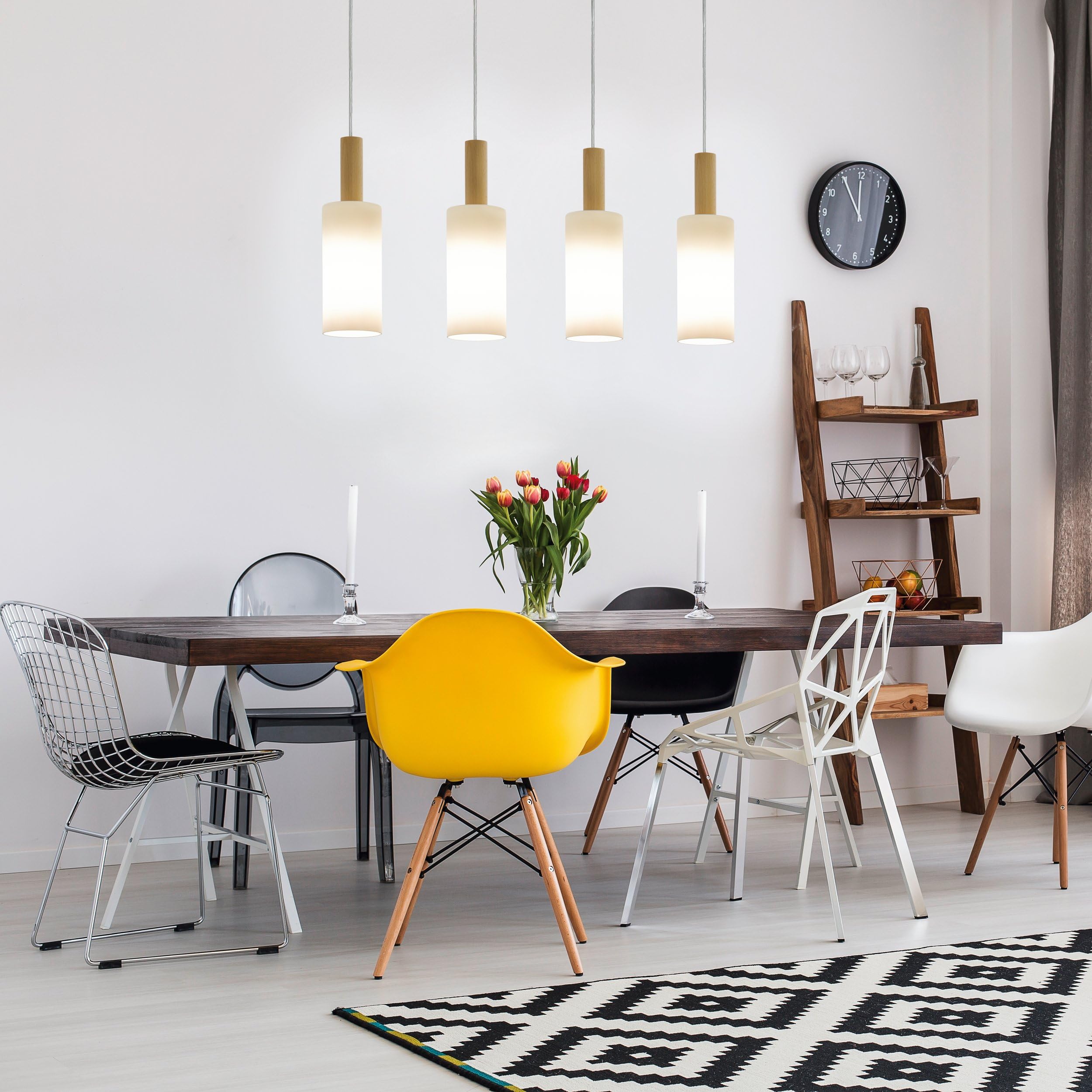 Eglo Lámpara colgante Oakham, lámpara suspendida vintage de 4 luces | lámpara de techo de acero, vidrio satinado blanco y madera marrón, lámpara para comedor y salón con casquillo E27