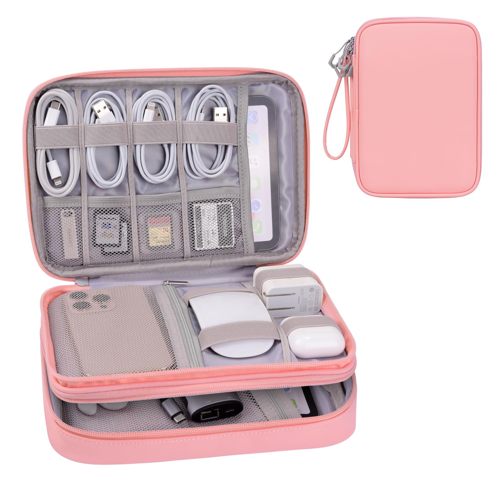 DDgro Electornics Travel Organizer Case for Cable/Cords/Charger/Tech Accessories, Large Pouch Bag for Woman (Pink, PU-Large)