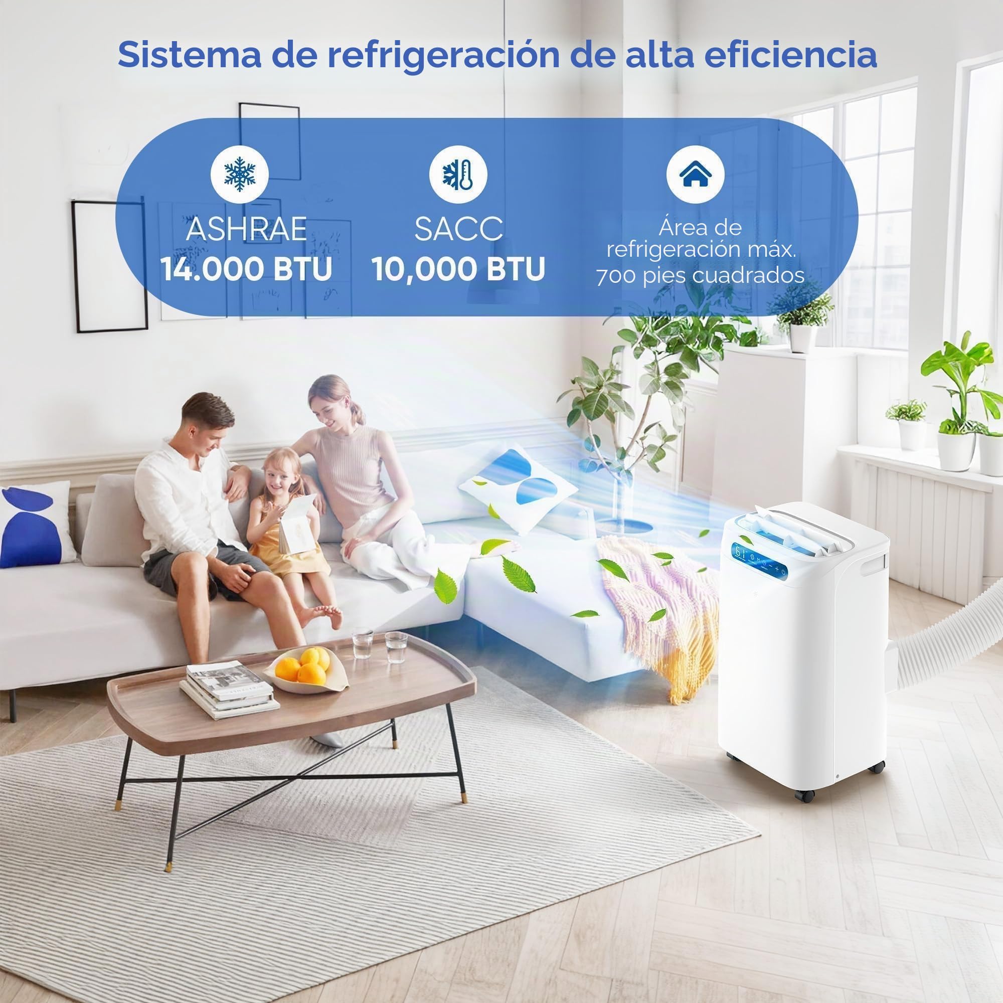Aire acondicionado portátil de 14000 BTU, refresca hasta 700 pies cuadrados, unidad de CA portátil con control remoto, refrigeración 4 en 1, ventilador, deshumidificación, modo de sueño y kits de