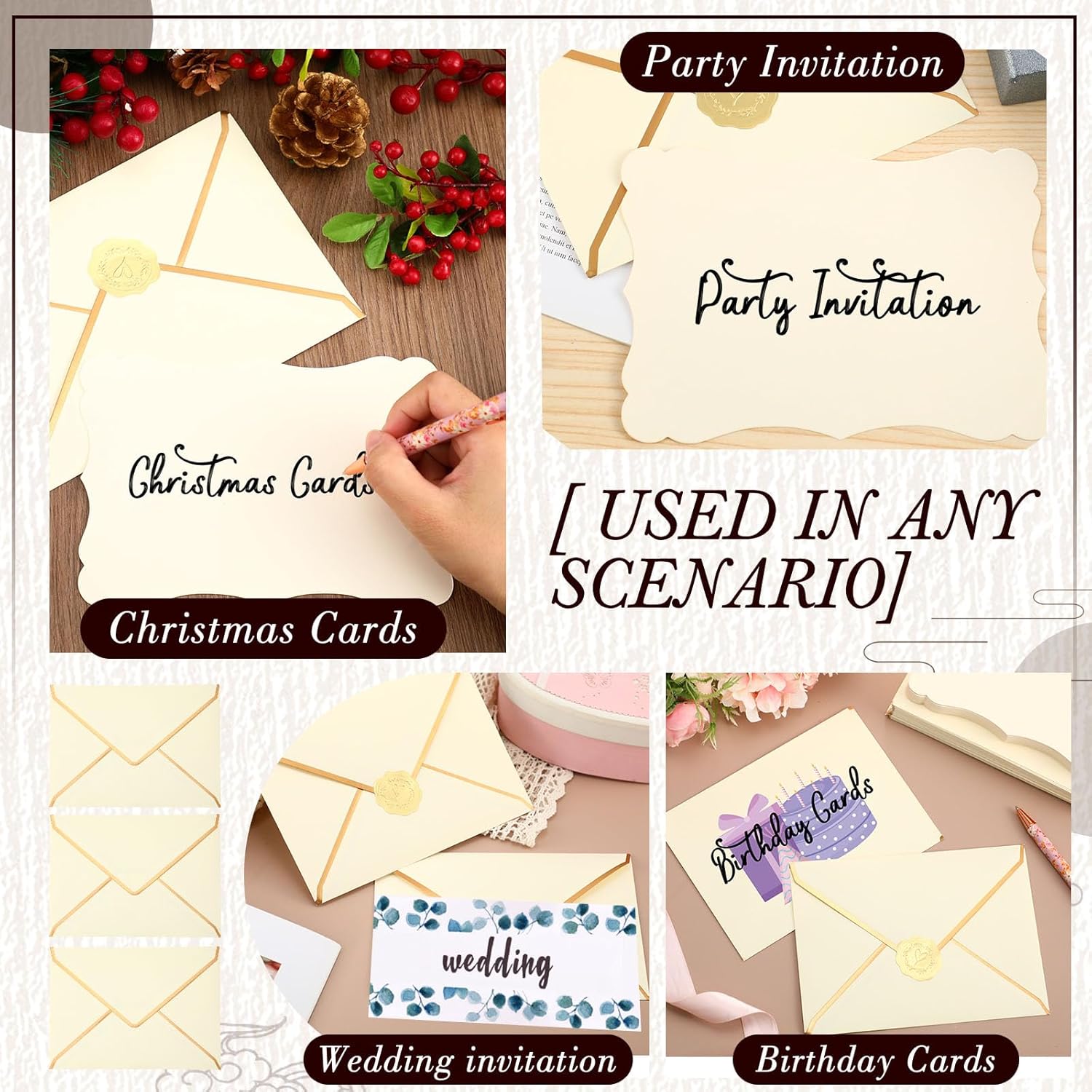 50 Set A7 Assorted Colors Envelopes 5 x 7 V Flap Card with Gold Border, Printable Blank Invitation Envelopes with Stickers for Breast Cancer Day Christmas Greeting Birthday Baby Shower(Cream) - Image 6