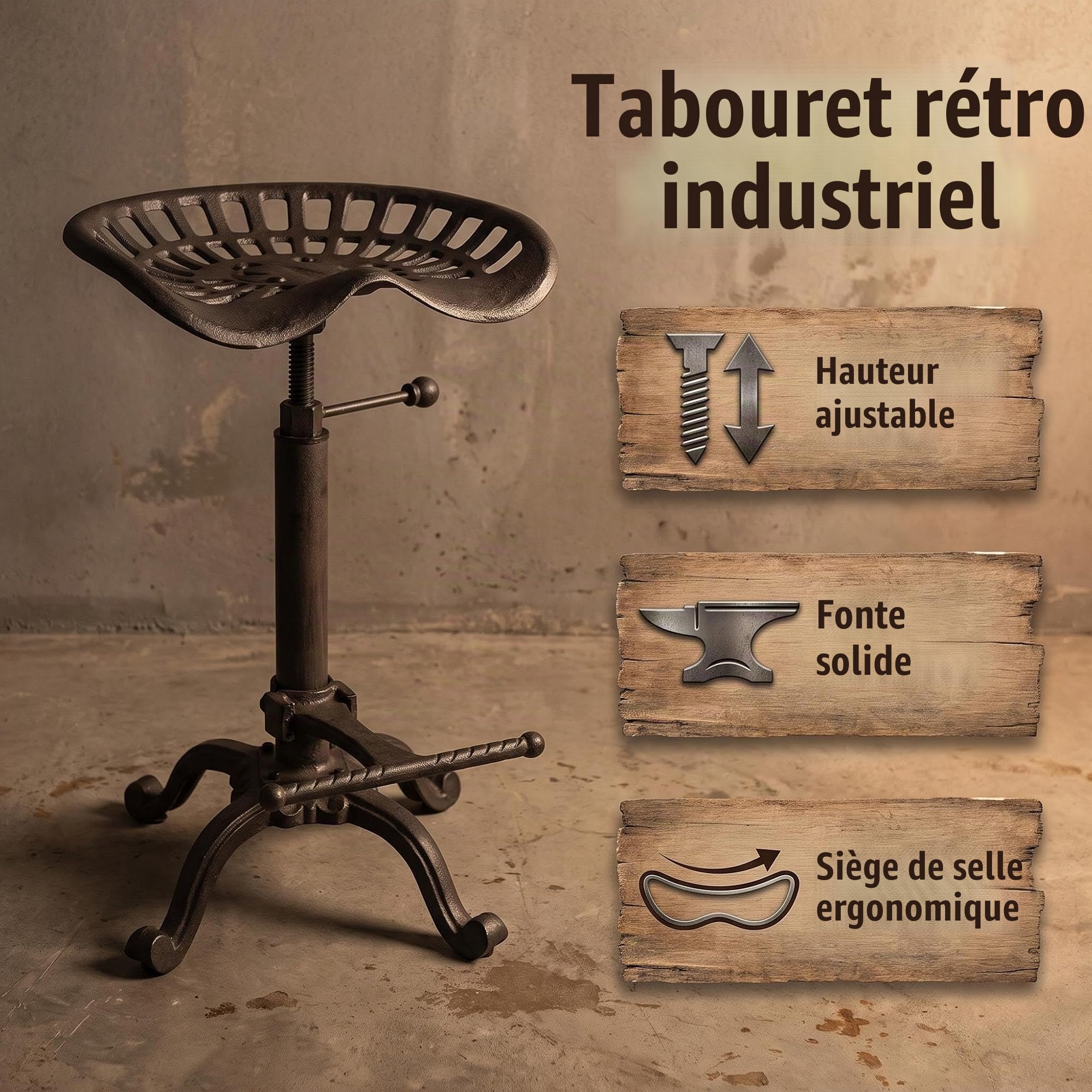 Topower Tabouret de Bar Industriel de Ferme - Tabouret de Tracteur de Fonte, Taille réglable, siège pivotant, Chaise de Barre de Petit déjeuner