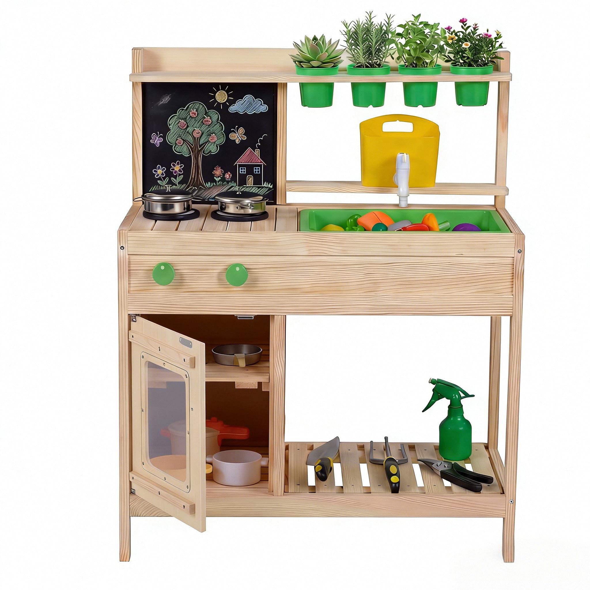 RELAX4LIFE Cucina Giocattolo per Bambini, Set di Cucina in Legno Massiccio con Lavagna, Serbatoio d’Acqua, Lavello Rimovibile, Giocattolo Educativo da Giardino e Balcone per Bambini 3+ Anni
