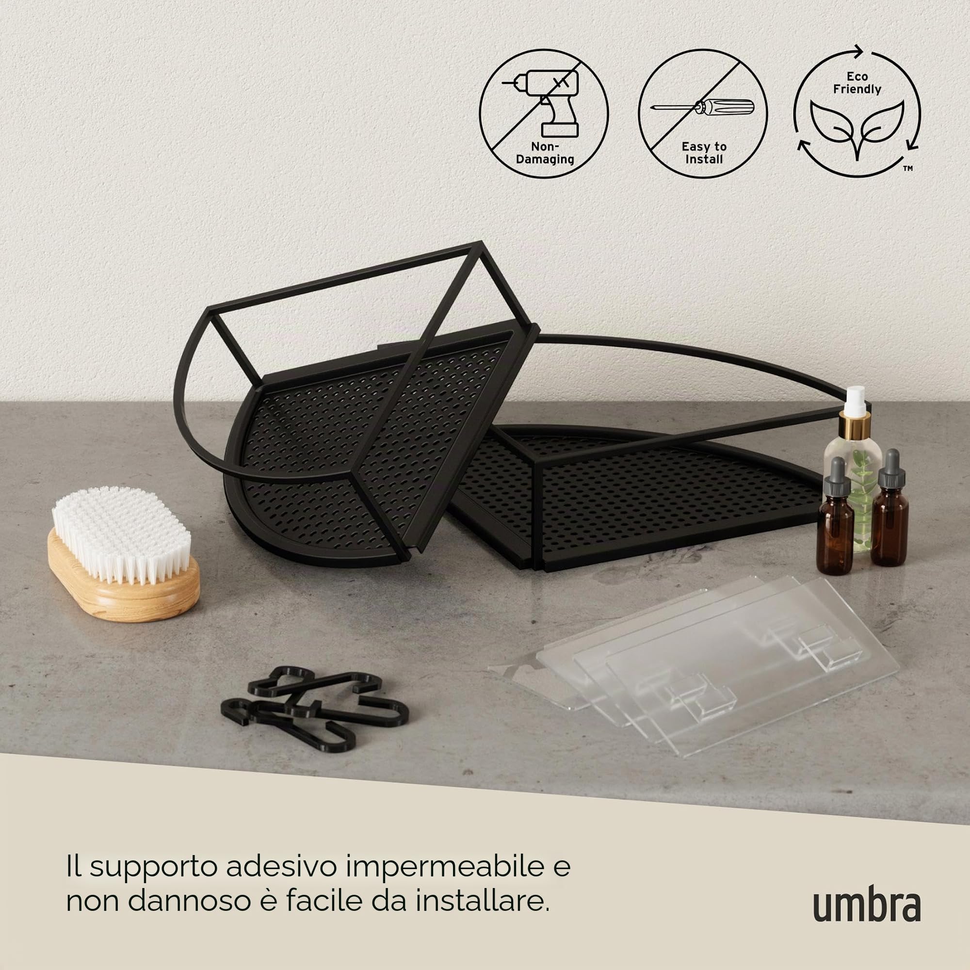 Umbra Cubiko Mensola angolare per Doccia Senza Fori con Ganci, Metallo, Nero, Set of Two
