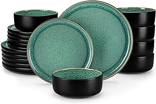 vancasso Dinner Set, Reactive Glaze Dinner Sets for 6 People, 18-Piece Mediterranean Crockery Set with Dinner Plates, Dessert Plate and Cereal Bowls, Playa Green
