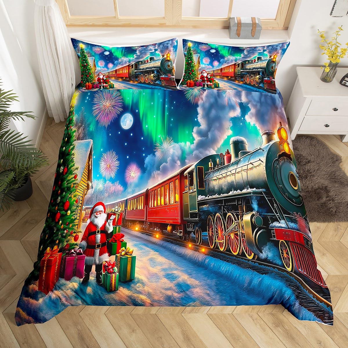 Homewish Aurora Train Bedding Set Super King,Christmas Steam Train Duvet Cover Gifts for Kids Boys Girls,Xmas Tree Santa Claus Bed Set Winter Snow Scene Duvet Cover 3Pcs Room Decor (No Comforter)