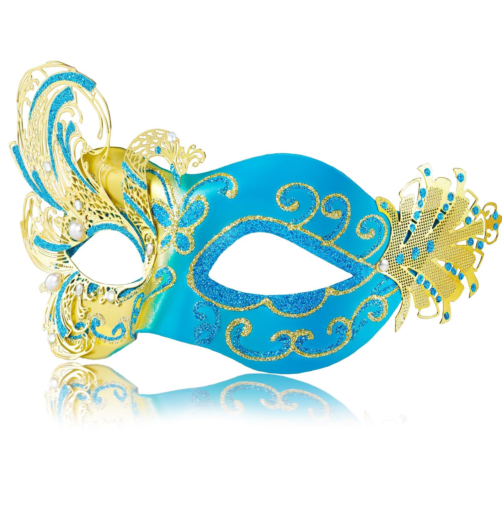 MYSEUNI 2025 New Gold and Blue Masquerade Mask for Women-Butterfly Masquerade Eye Mask - Peacock Metal Filigree Venetian Masks-Perfect for Halloween