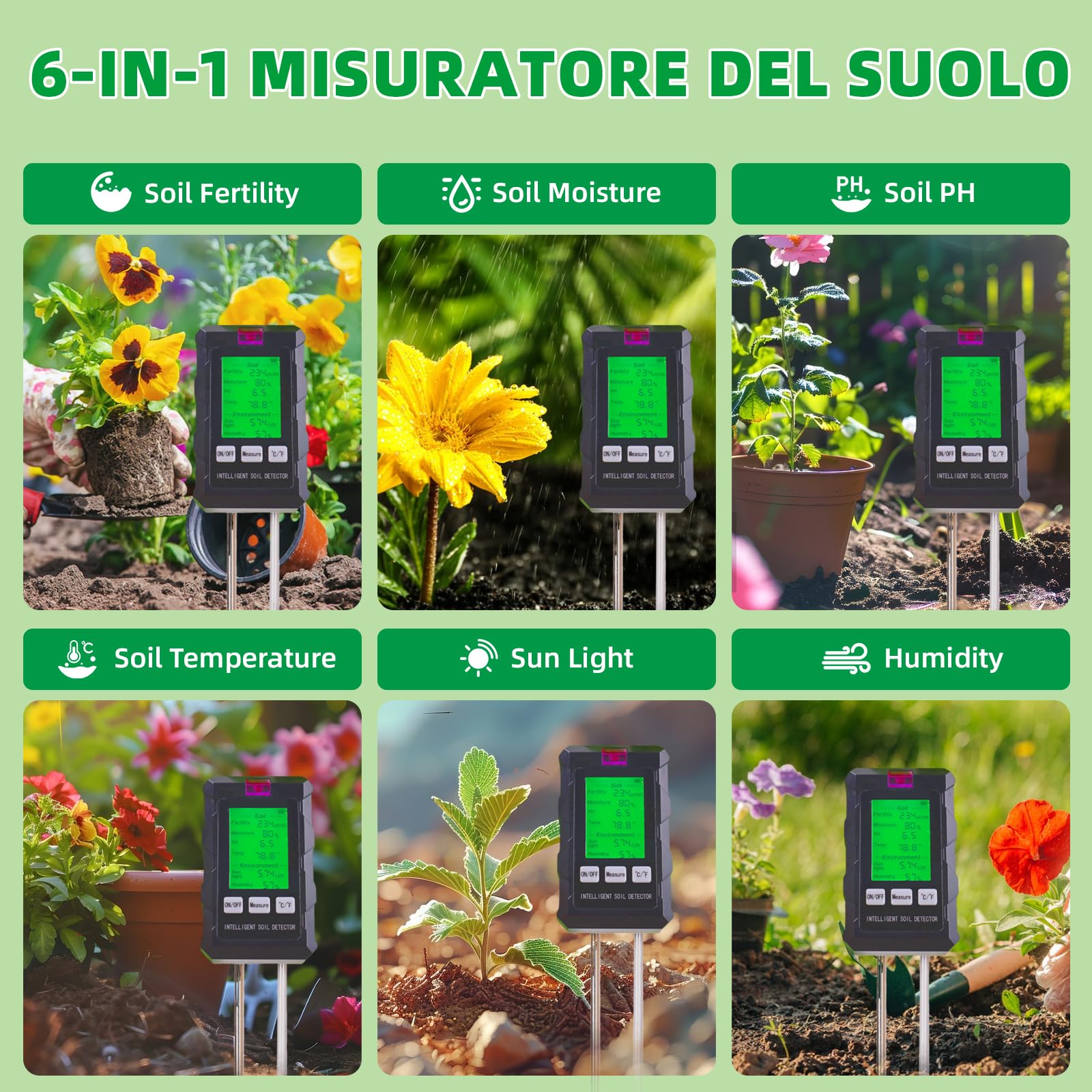 Misuratore PH Terreno 6 in 1,Igrometro Piante con Fertilità del Suolo/Umidità/pH/Temperatura/Luce Solare/Umidità Ambientale,Sensore Umidità Terreno per Giardinaggio,Prato,Agricoltura,Piante da Esterno