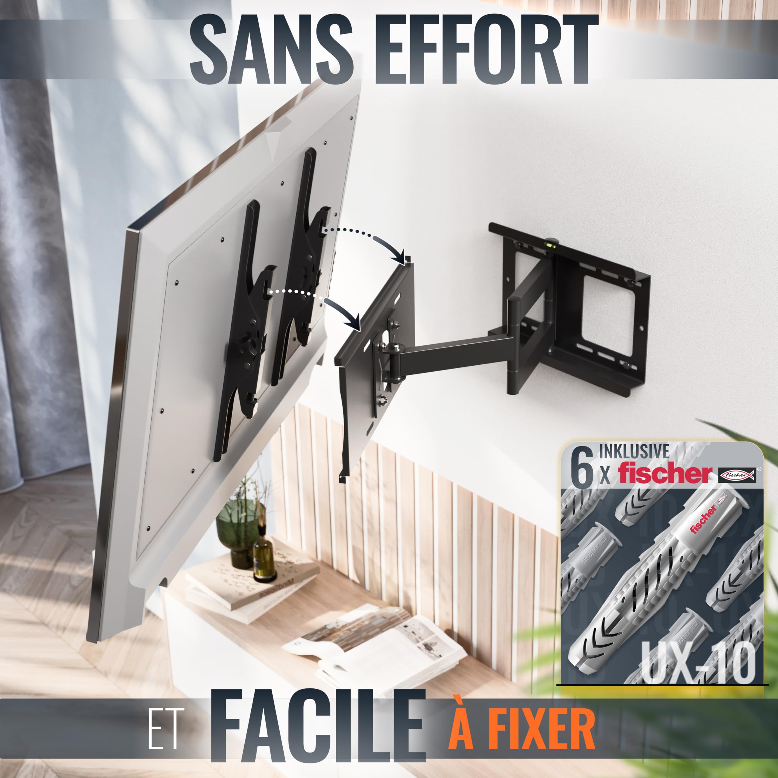 RICOO R23-F Support Mural TV 40 42 43 48 50 55 58 60 65 70 75 Pouces VESA 200x200 à VESA 400x400 Orientable Inclinable Rotatif Universel Fixation Murale TV