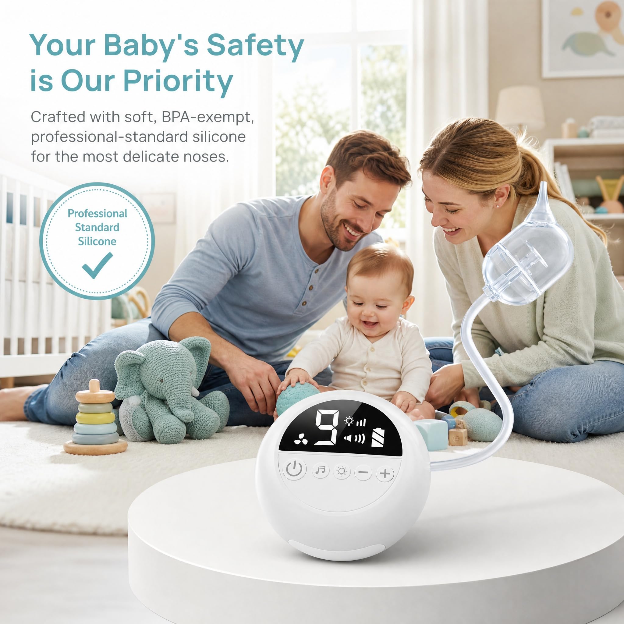 Aspiratore Nasale Elettrico Neonato, 9 Livelli con 3 Punte Silicone | 9 Livelli di Aspirazione | 3 Punte in Silicone Morbido | Ricaricabile USB | Luce Notturna e Musica per Bambini
