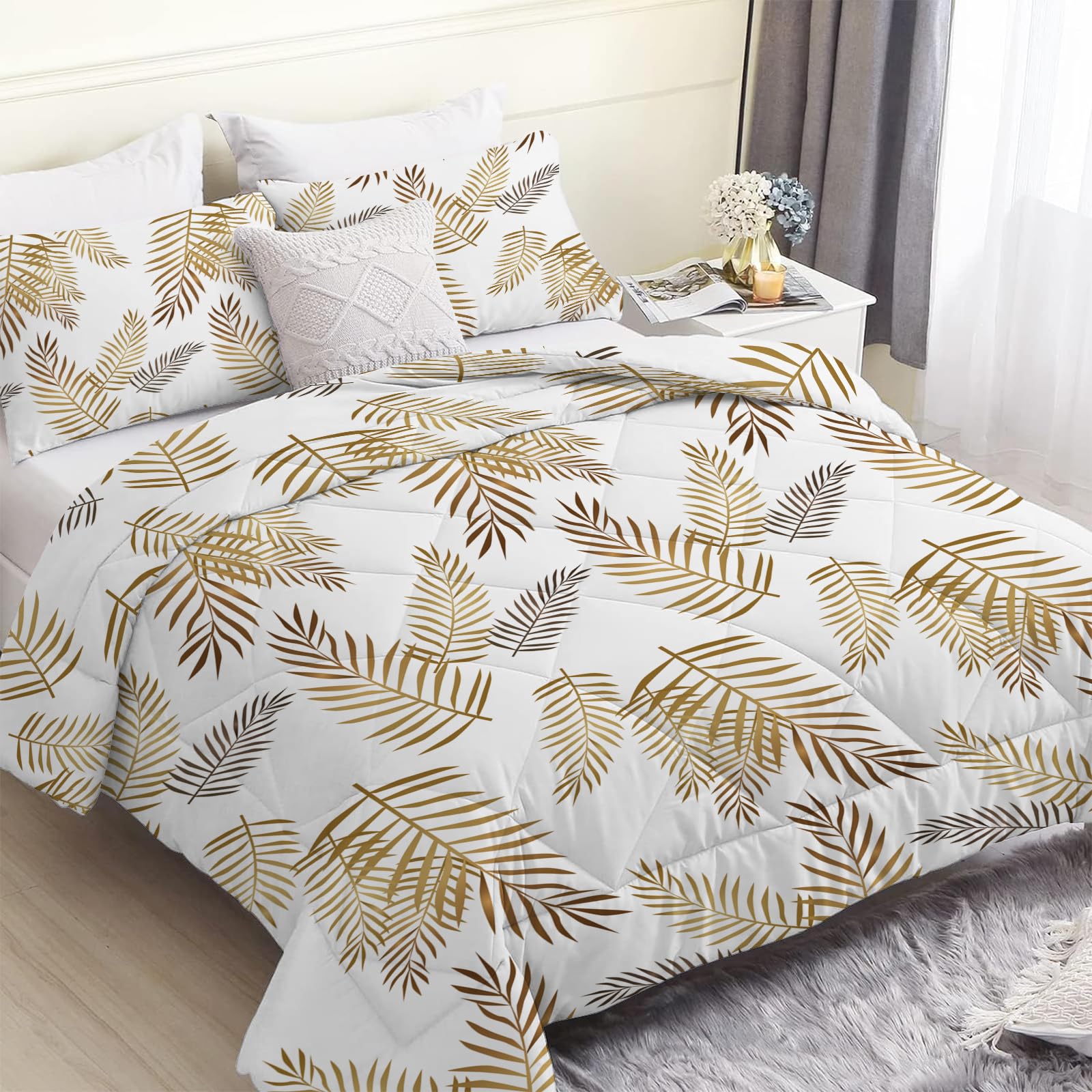 Trapunta 220 x 240 cm Piante Bianco Stampata Foglie Palma 4 Stagioni per Letto 2 Persone, Edredon Reversibile Trapunta Legere, Senza Houss e 2 federe 65 x 65 cm