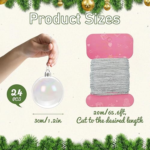 Miniatura 2 de HealthSTEC 24 bolas de adornos iridiscentes, decoraciones de Navidad, adornos de plástico iridiscente transparente con hilo plateado, decoraciones