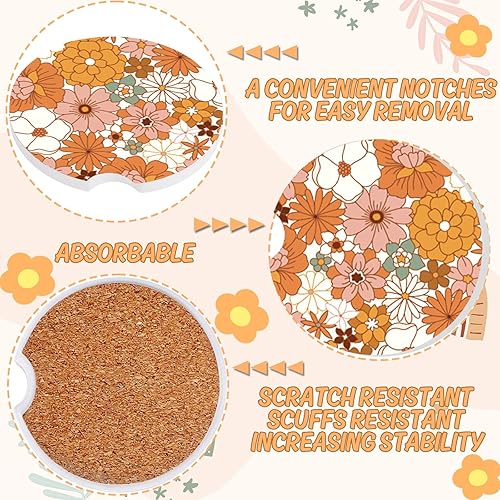 Miniatura 3 de AnyDesign 6 posavasos bohemios para automóvil, diseño retro Groovy Boho con muesca para los dedos, base de corcho antideslizante, cerámica