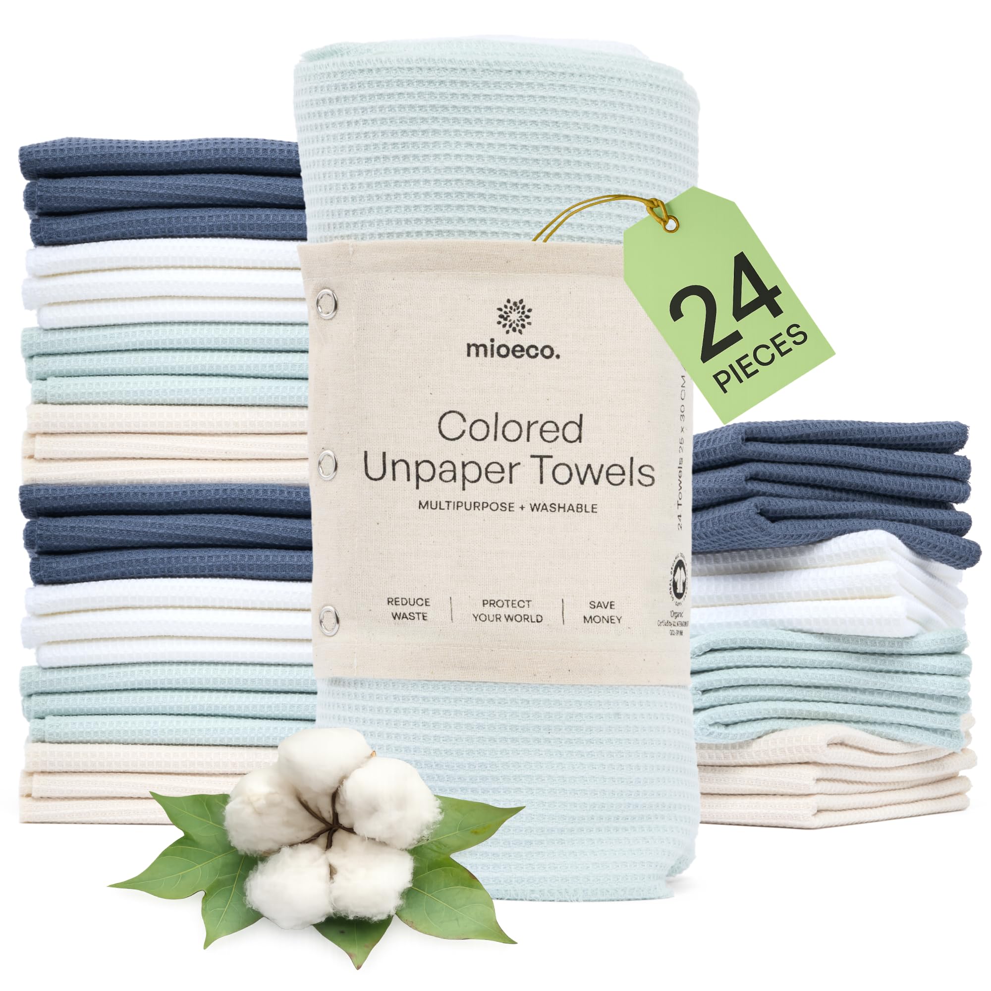 mioeco 24 Pack Multicolored Reusable Paper Towels - Nature Friendly - Organic Cotton Alternative - Thick, Strong, Paperless Kitchen Dish Cloths -