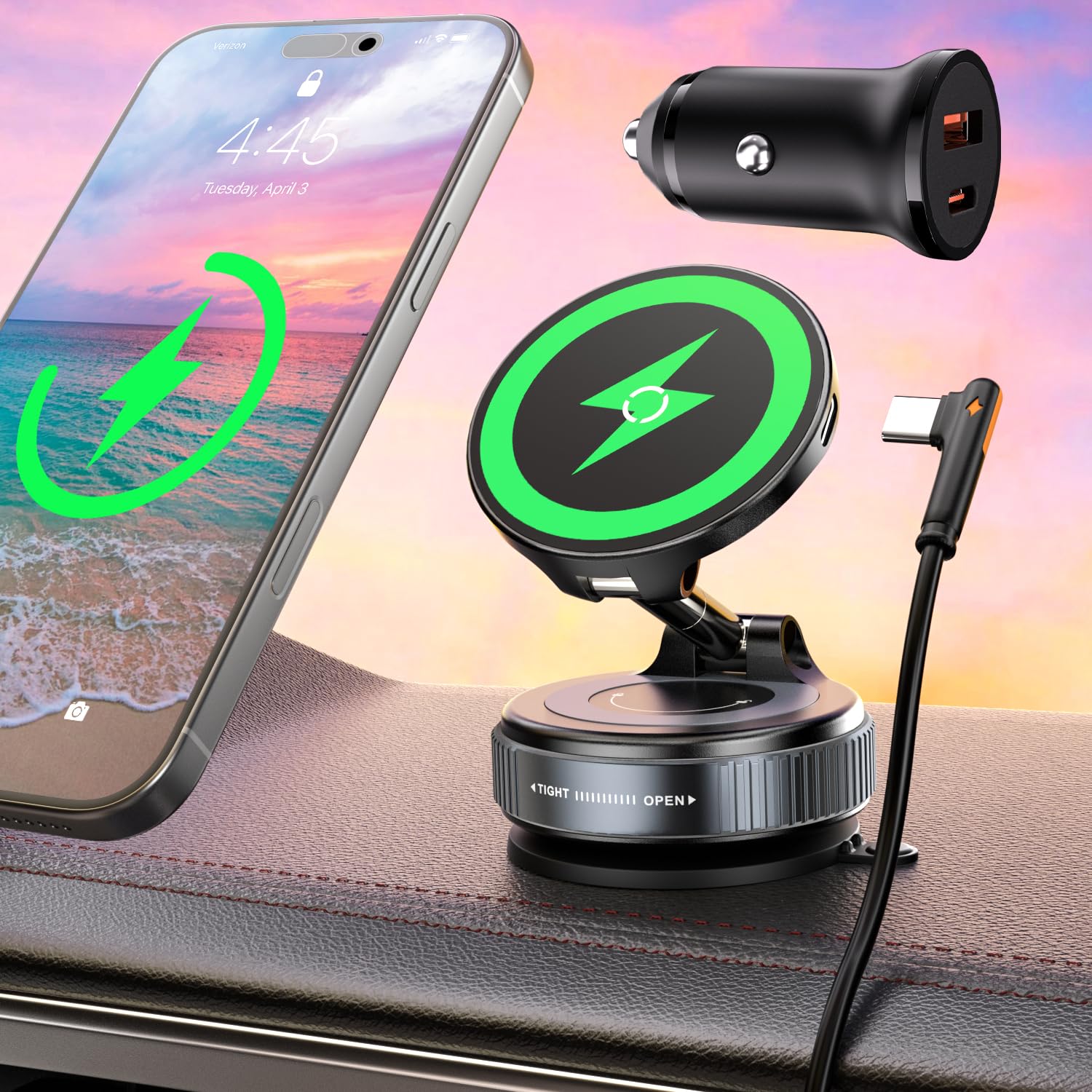 15W Support Telephone Voiture Induction Compatible avec Chargeur Magsafe Voiture, Ventouse Améliorée Support Téléphone Voiture sans Fil Magnétique pour iPhone 17/16/15/14 séries, avec QC 3.0