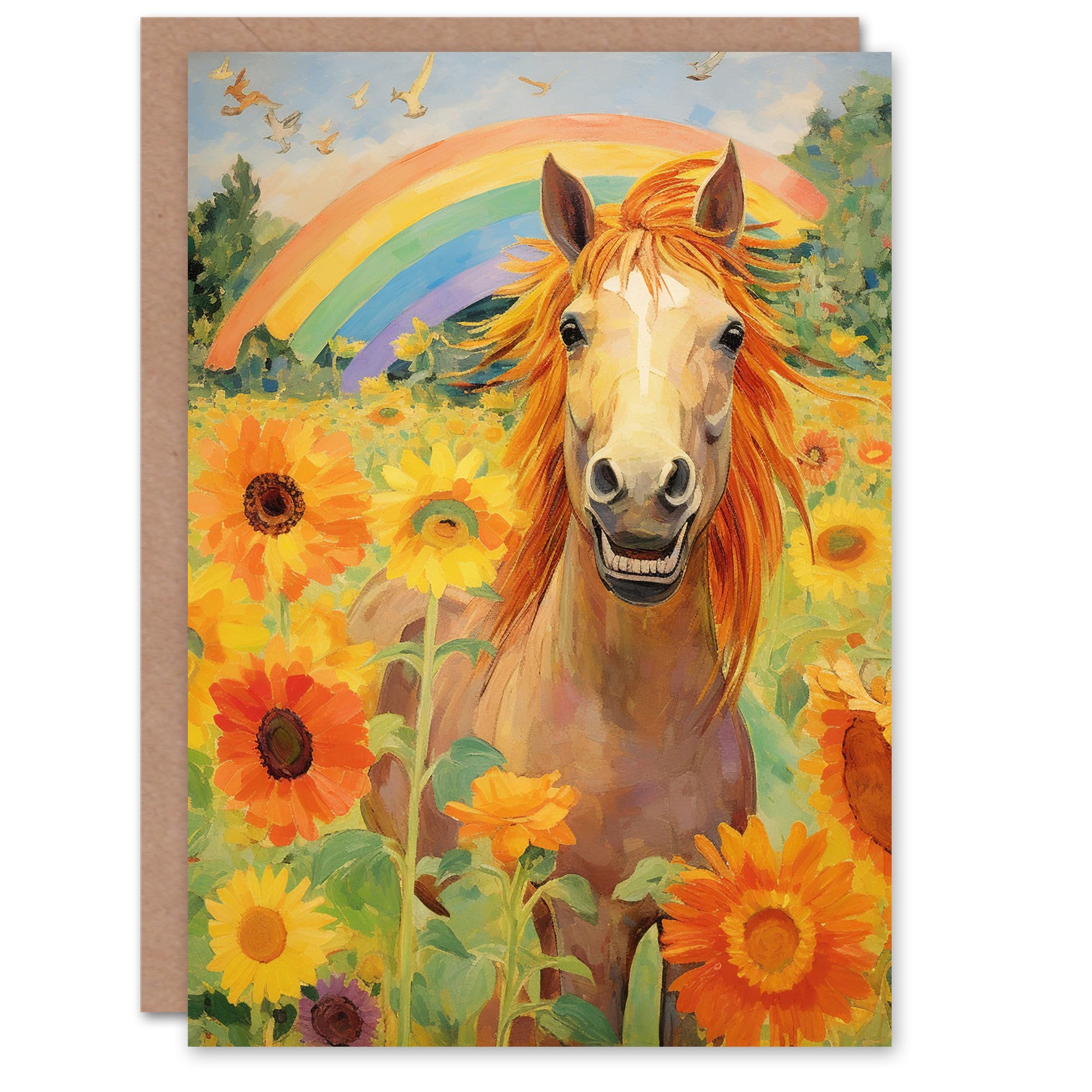 Artery8 Birthday Greeting Card Rainbow Horse Sunflowers For Her