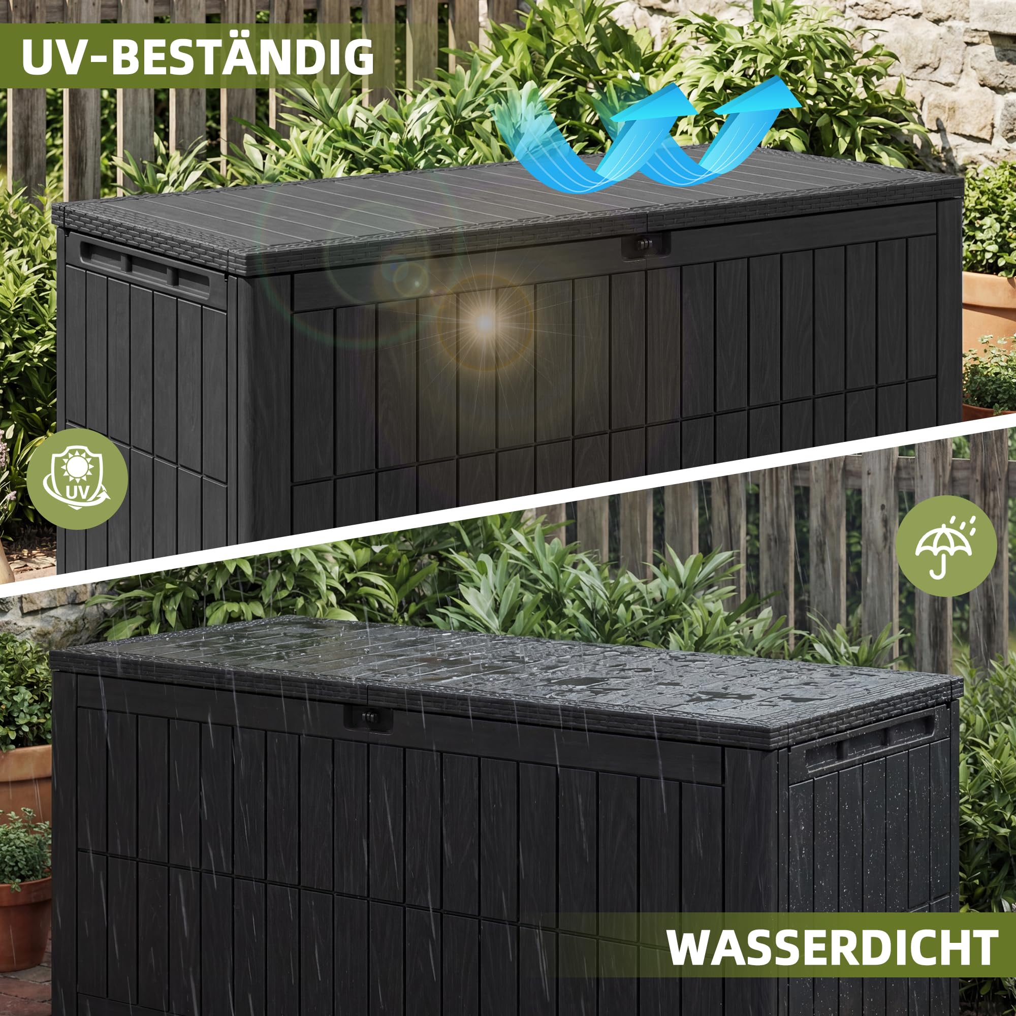 UDPATIO Gartenbox Wasserdicht 680 L, Vielseitige Auflagenbox Wasserdicht mit Gasdruckfeder & Griffen, Kunststoff Kissenbox Outdoor, Wetterfeste Gartentruhe für Gartenwerkzeuge & Poolzubehör, Anthrazit